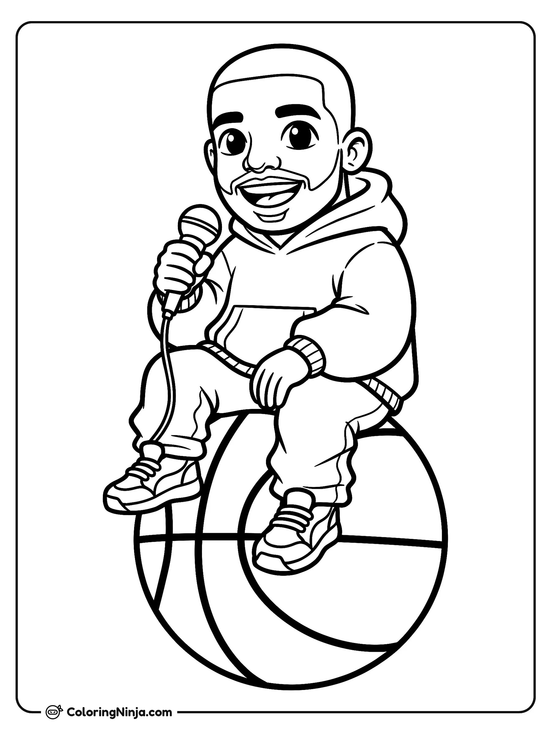 Drake caricatura fanático del básquetbol, dibujo para colorear: Una versión animada y sonriente de Drake sentado sobre un gran balón de básquetbol mientras sostiene un micrófono.