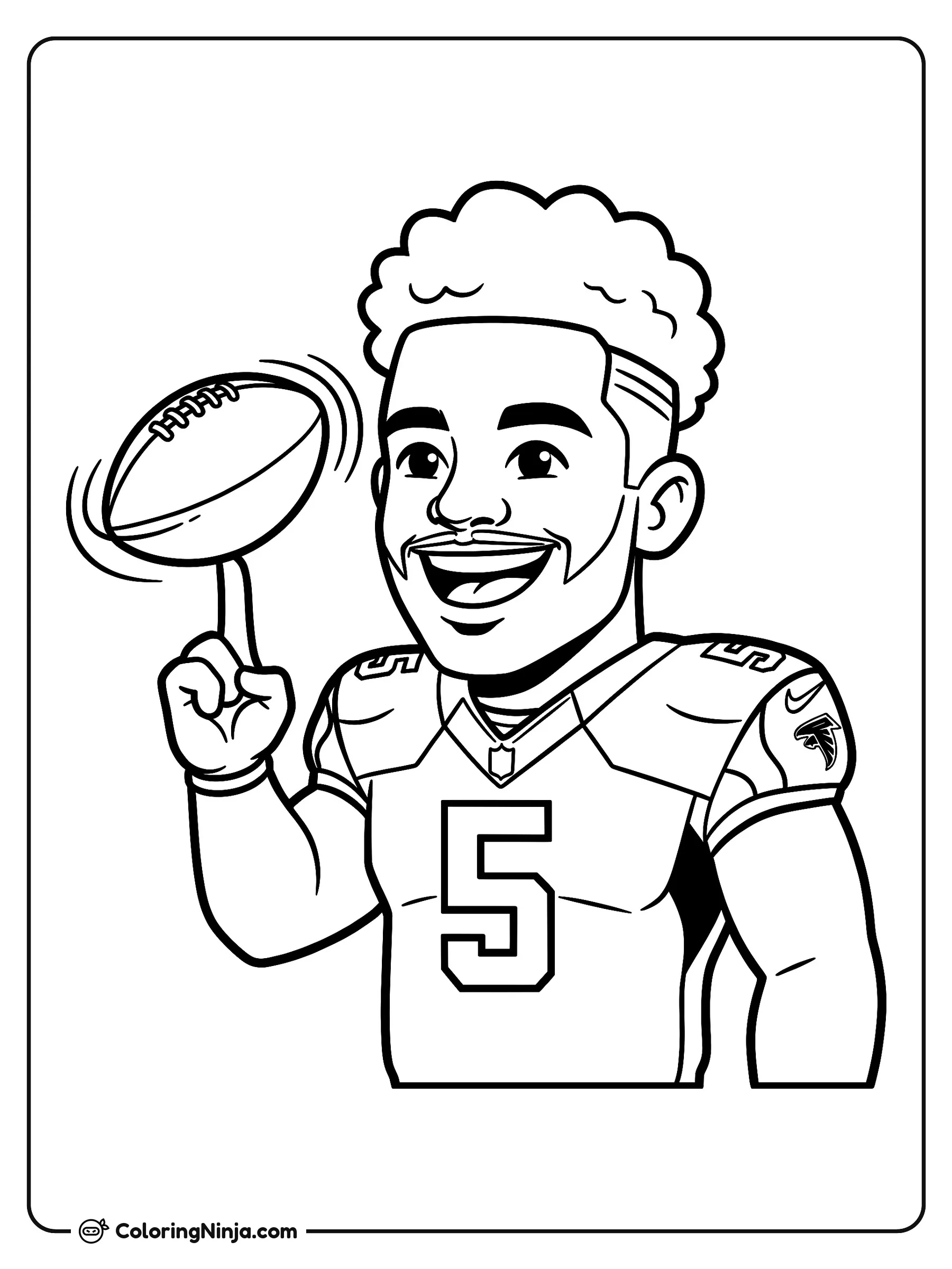 Drake London haciendo girar un balón, dibujo para colorear: Un sonriente Drake London viste su uniforme de fútbol americano con el número cinco en el pecho mientras hace girar un balón en la punta de su dedo.