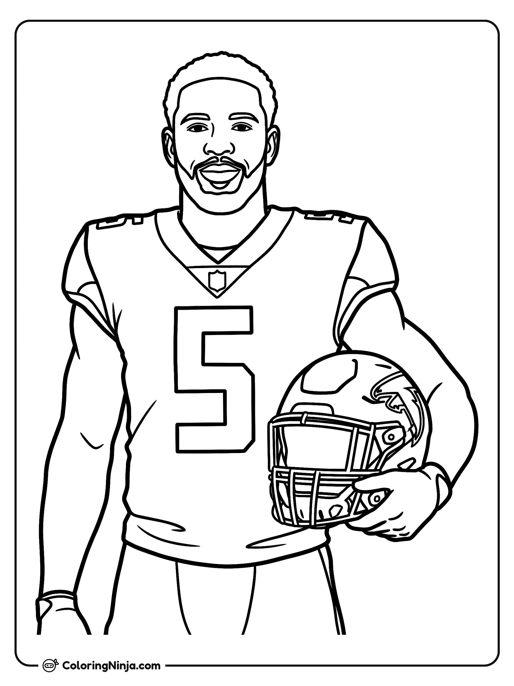 Retrato de Drake London con casco, dibujo para colorear: El jugador de fútbol americano Drake London posa sonriente con su uniforme número cinco y sostiene su casco bajo el brazo.