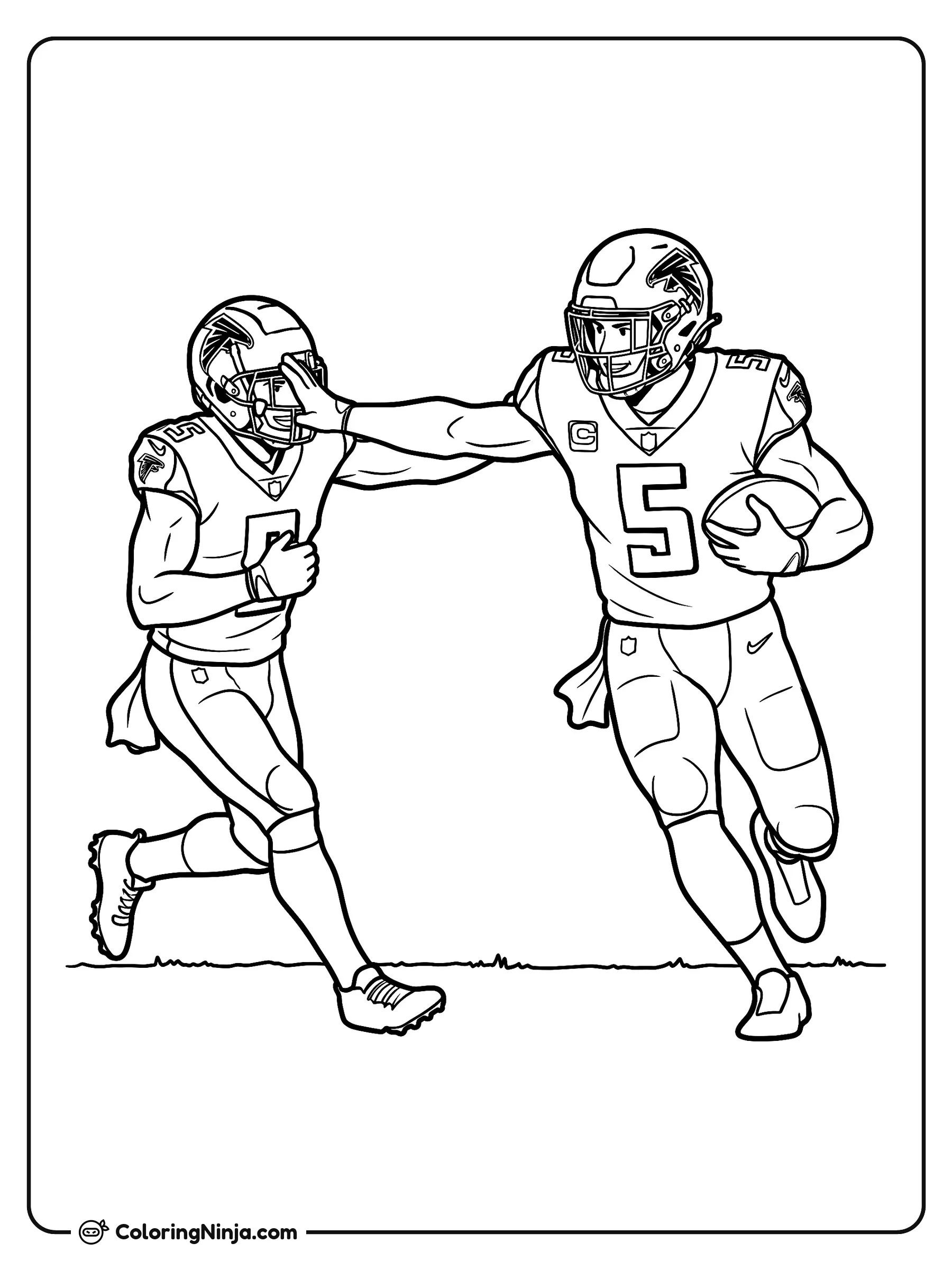 Carrera de Drake London en la Banda, dibujo para colorear: El jugador de fútbol americano Drake London avanza a toda velocidad por el campo mientras sostiene el balón y aleja a un defensor con la mano.