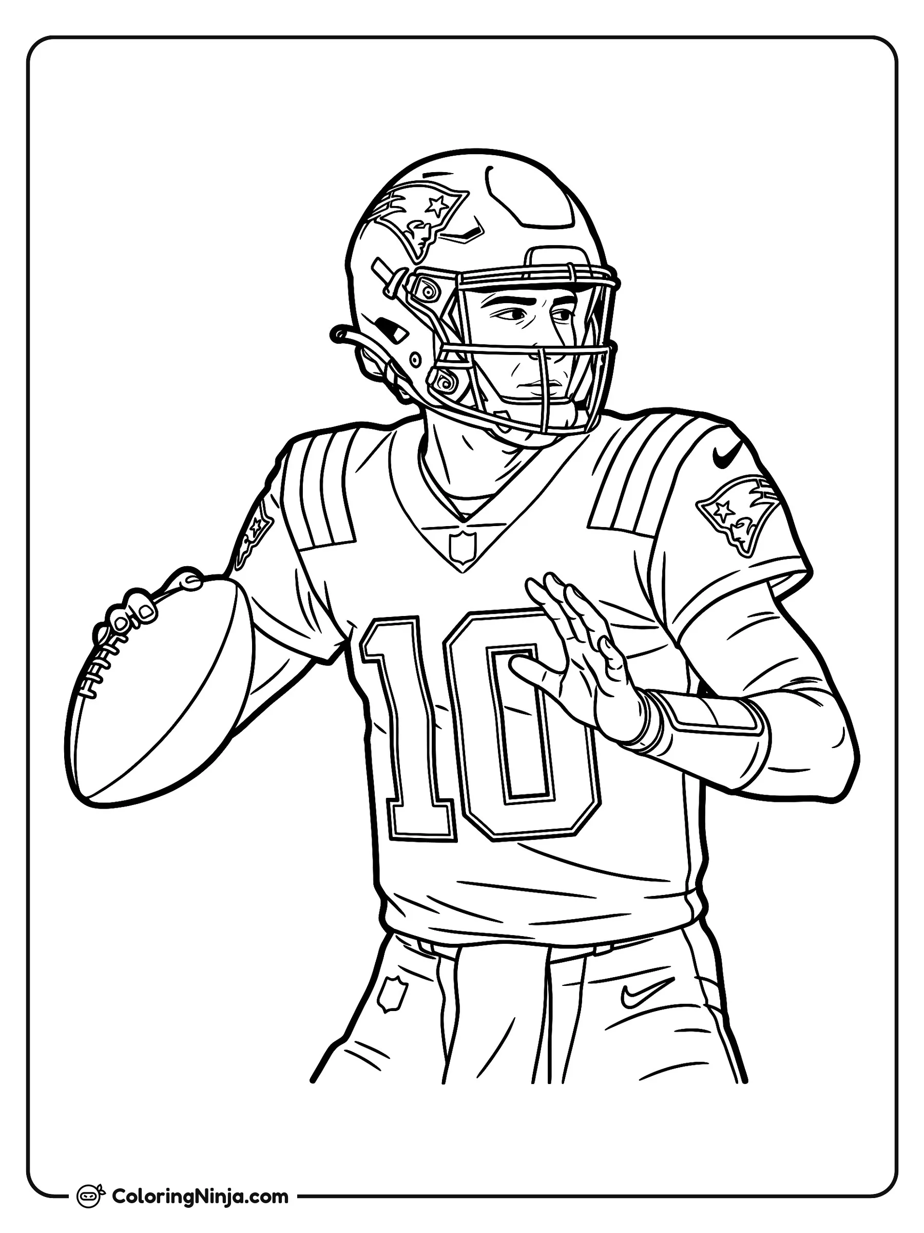 Drake Maye Número 10 de los Patriots, dibujo para colorear: Drake Maye luce el uniforme de los Patriots con el número 10, junto con su casco y equipo deportivo.