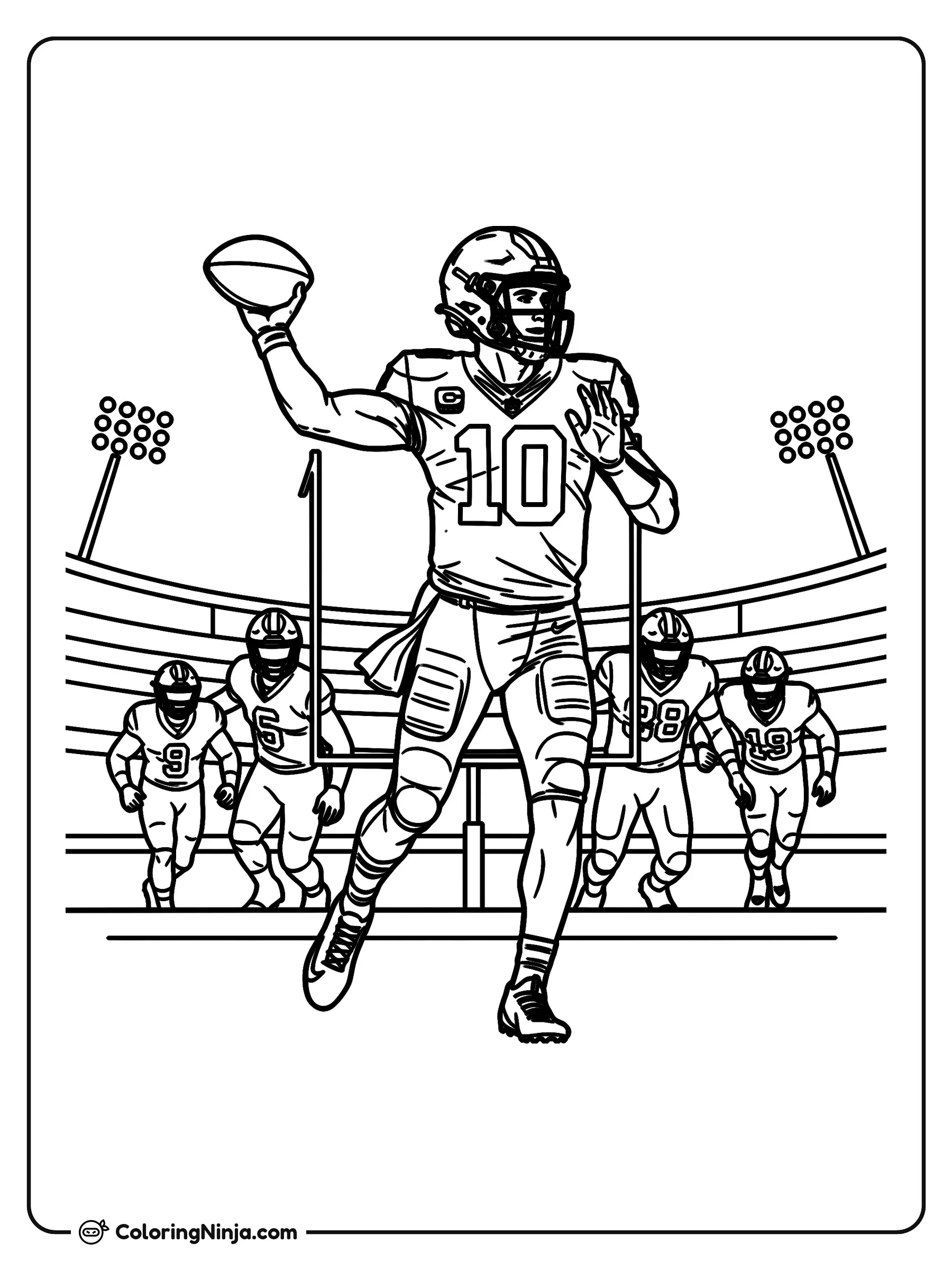 Drake Maye Lanzando un Pase, dibujo para colorear: Drake Maye se ubica en el centro del campo de fútbol americano, listo para lanzar un pase con el balón en alto.