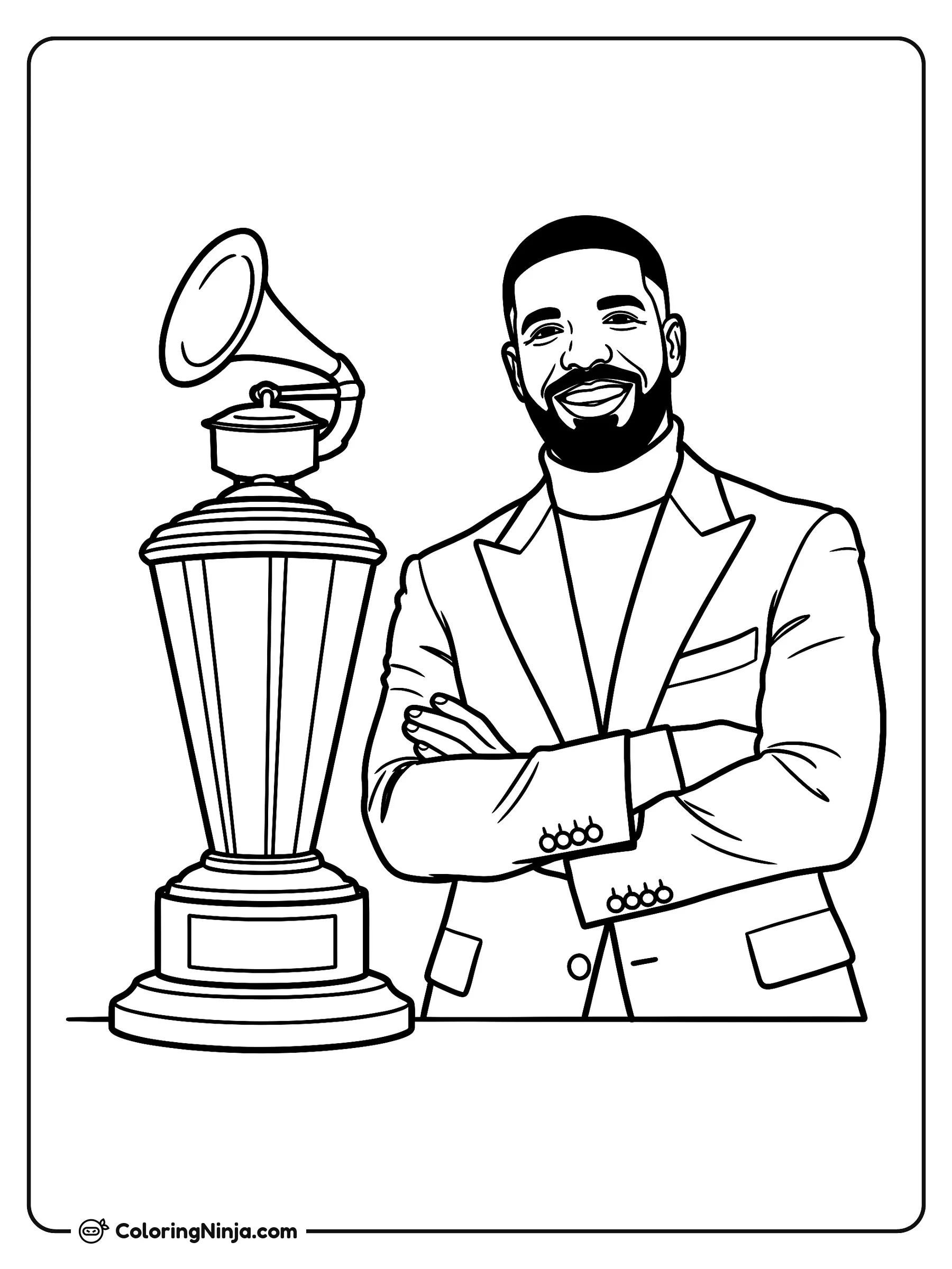 Drake con Premio Musical, dibujo para colorear: Drake posa sonriente y de brazos cruzados junto a un gran premio musical con forma de gramófono. Viste un elegante saco y muestra una actitud segura junto a su trofeo.