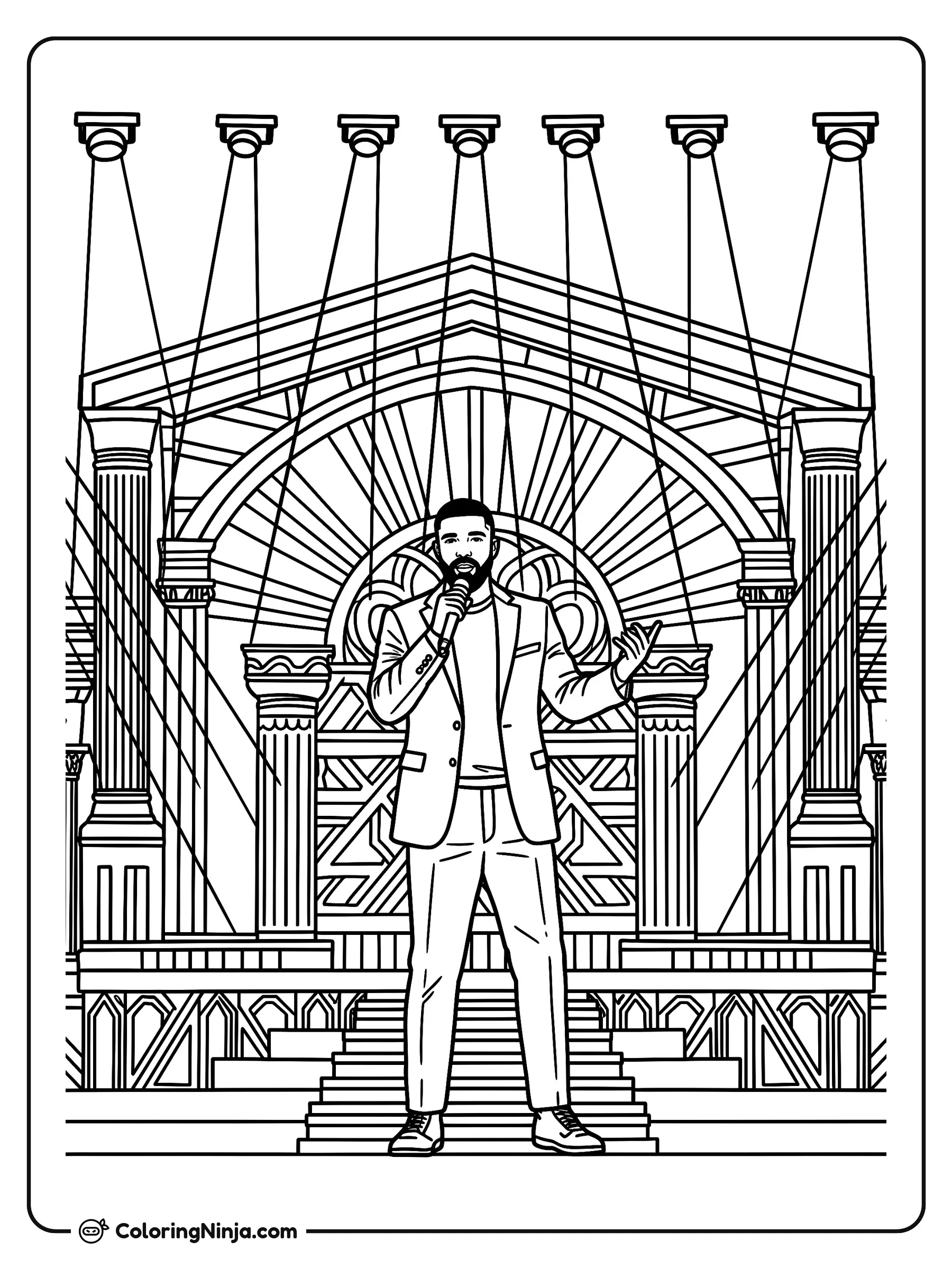 Drake cantando en el escenario, dibujo para colorear: Drake canta con un micrófono en el centro de un gran escenario mientras luce un elegante traje.
