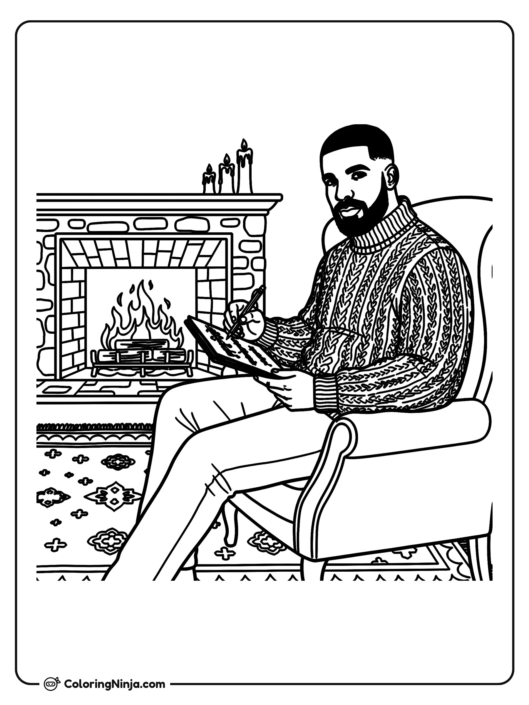Drake escribiendo nuevas canciones, dibujo para colorear: Drake se encuentra cómodo en un gran sillón, vistiendo un suéter tejido mientras escribe en su libreta.