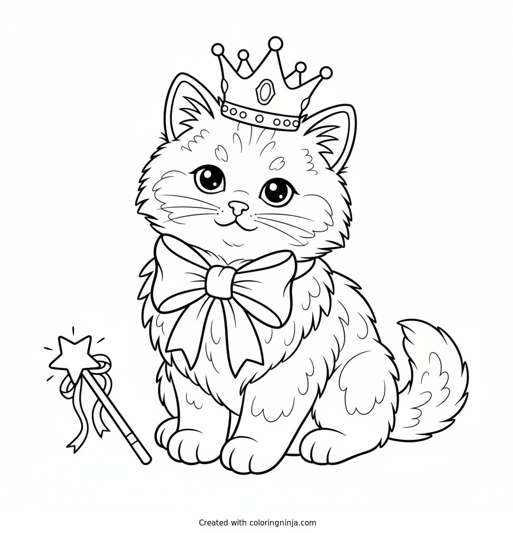 A Crowned Kitten with Wand Coloring Page