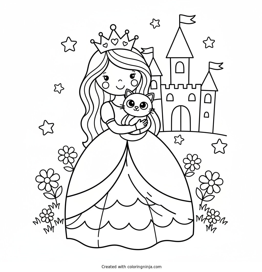 Cute Princess with Fluffy Kitten Coloring Page