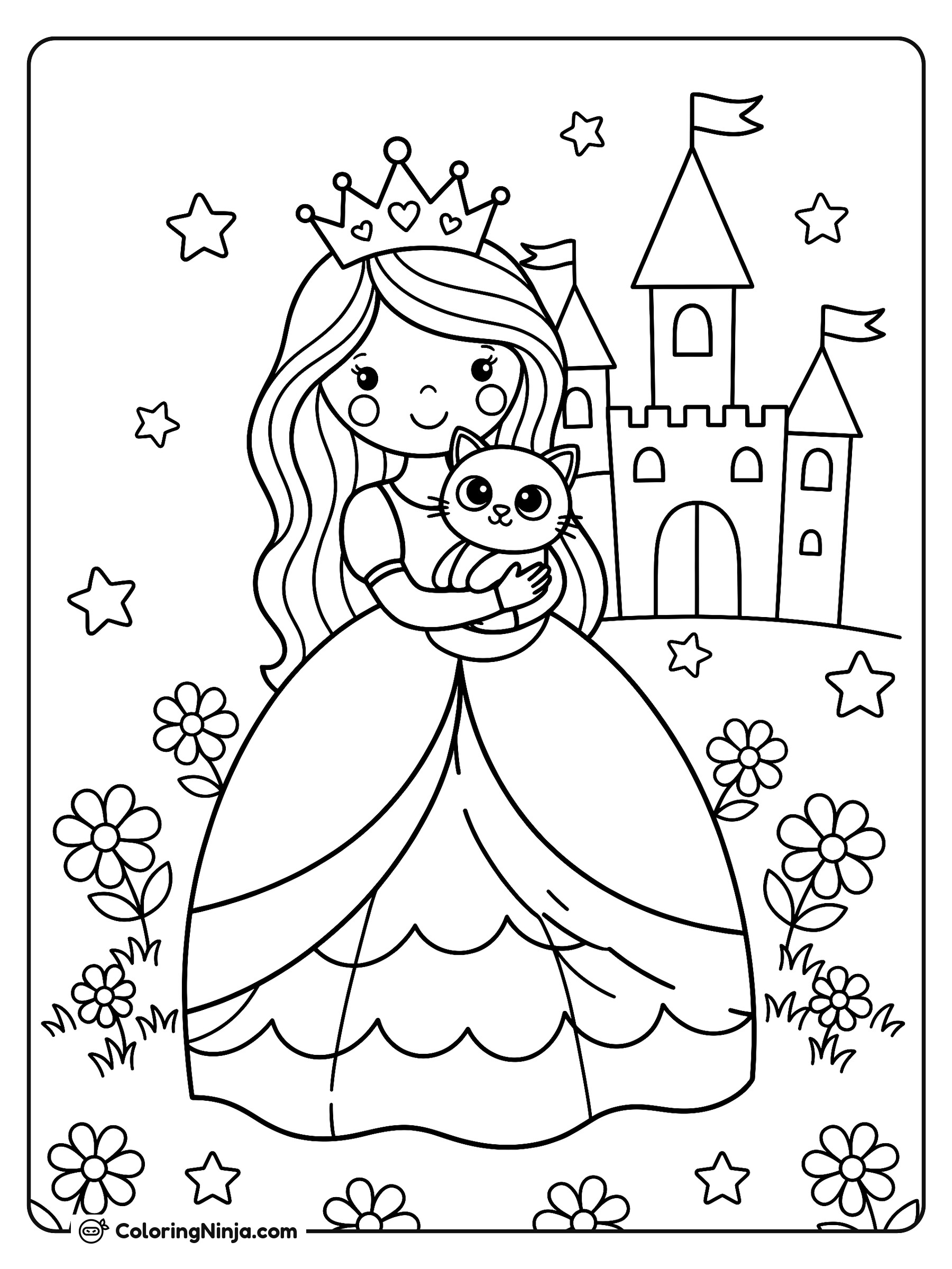 Princesa linda con gatito suave: dibujo para colorear