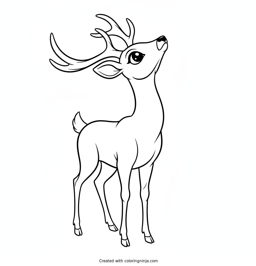 A coloring page of Draw a deer looking upward, expressive eyes, graceful posture, elegant wildlife line art, centered composition, printable coloring page.