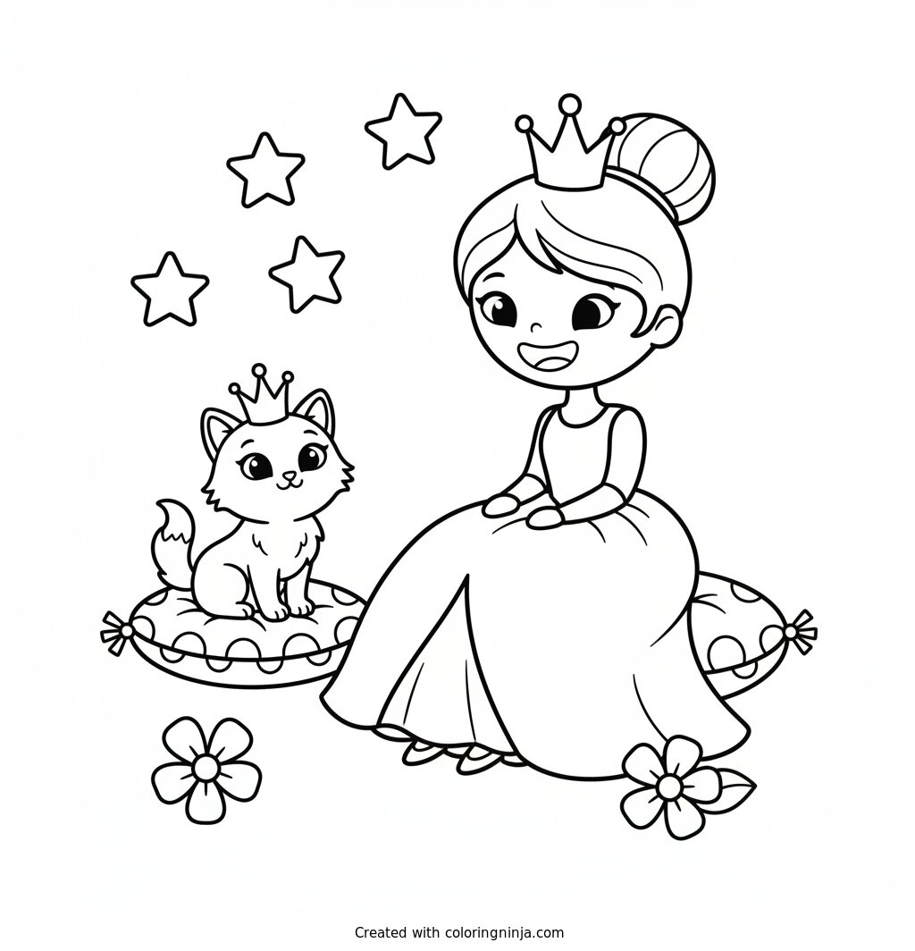 Princess and Tiny Crowned Kitten Coloring Page