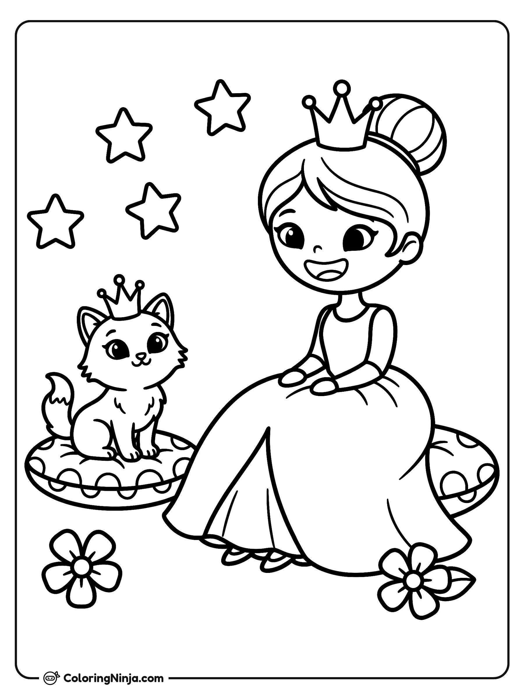 Princesa y lindo gatito con corona, dibujo para colorear: Una sonriente princesa con vestido y corona descansa junto a un pequeño gatito coronado sentado sobre un cojín. Estrellas flotantes y flores sencillas decoran la escena.