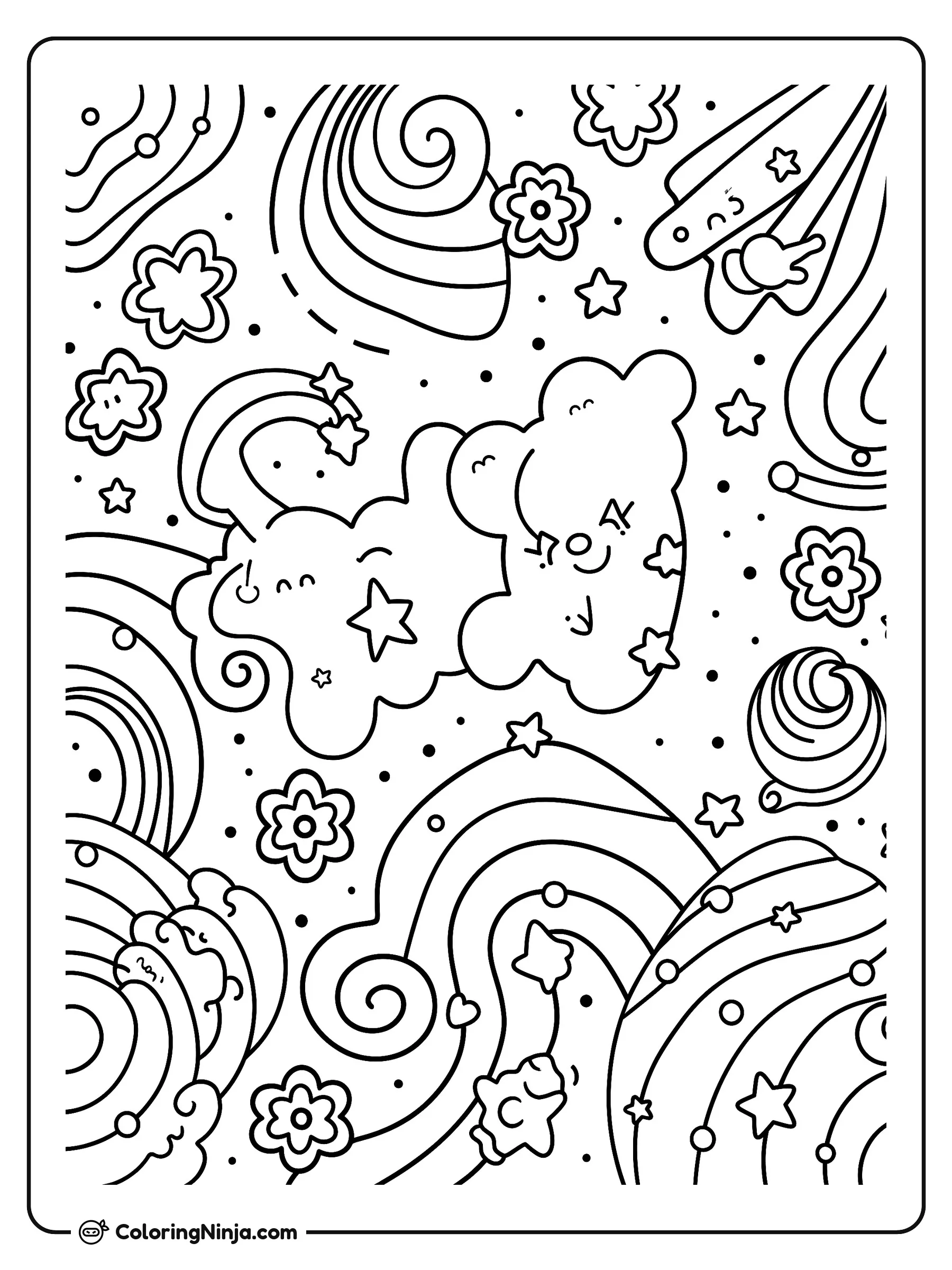 Espirales Mágicas con Nubes y Arcoíris, dibujo para colorear: Un alegre cielo lleno de nubes sonrientes, flores, estrellas y vibrantes arcos iris entrelazados. La escena presenta multitud de formas divertidas repartidas por toda la página.
