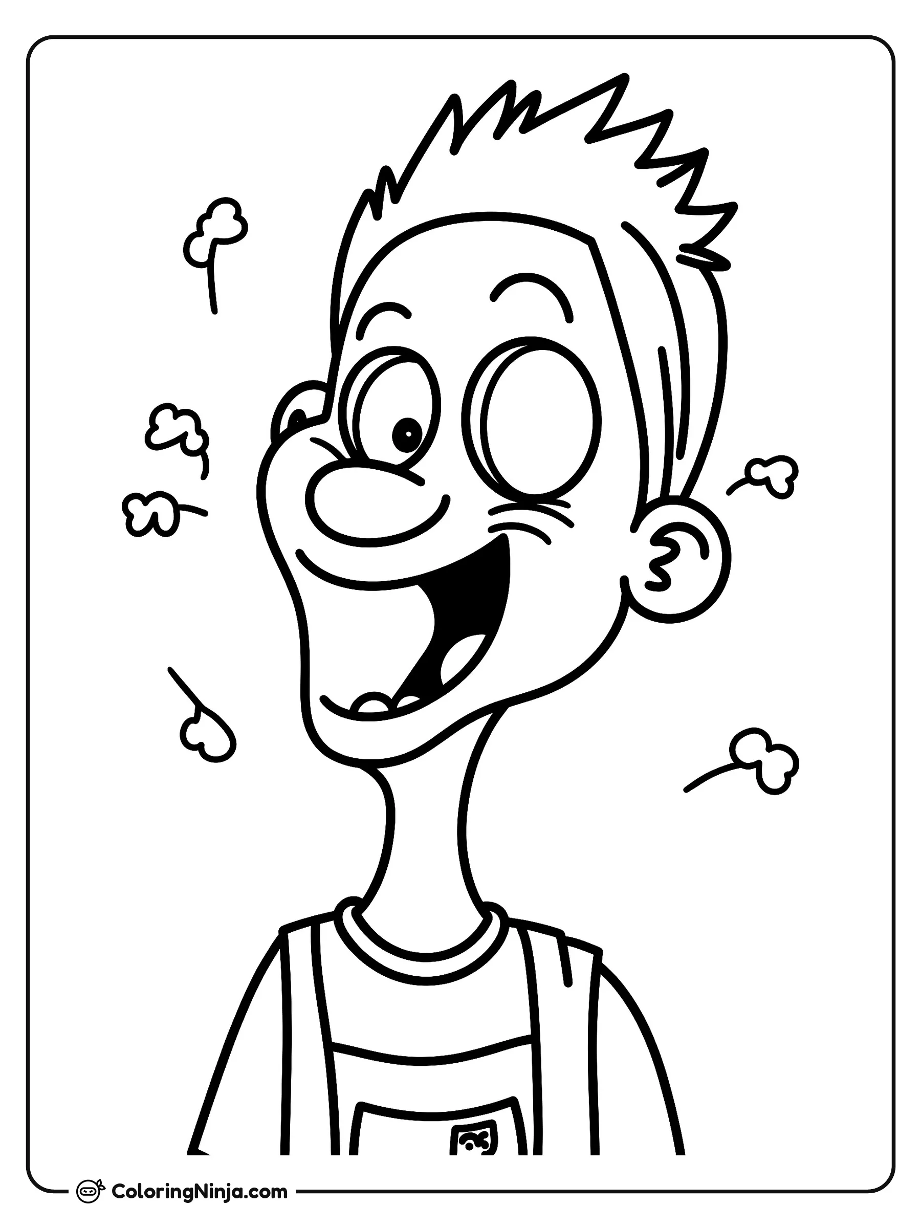 Caricatura espeluznante de un niño, dibujo para colorear: Esta inquietante caricatura muestra a un niño con cabello de picos, una gran sonrisa y ojos exagerados, acompañado de pequeñas formas flotando a su alrededor.