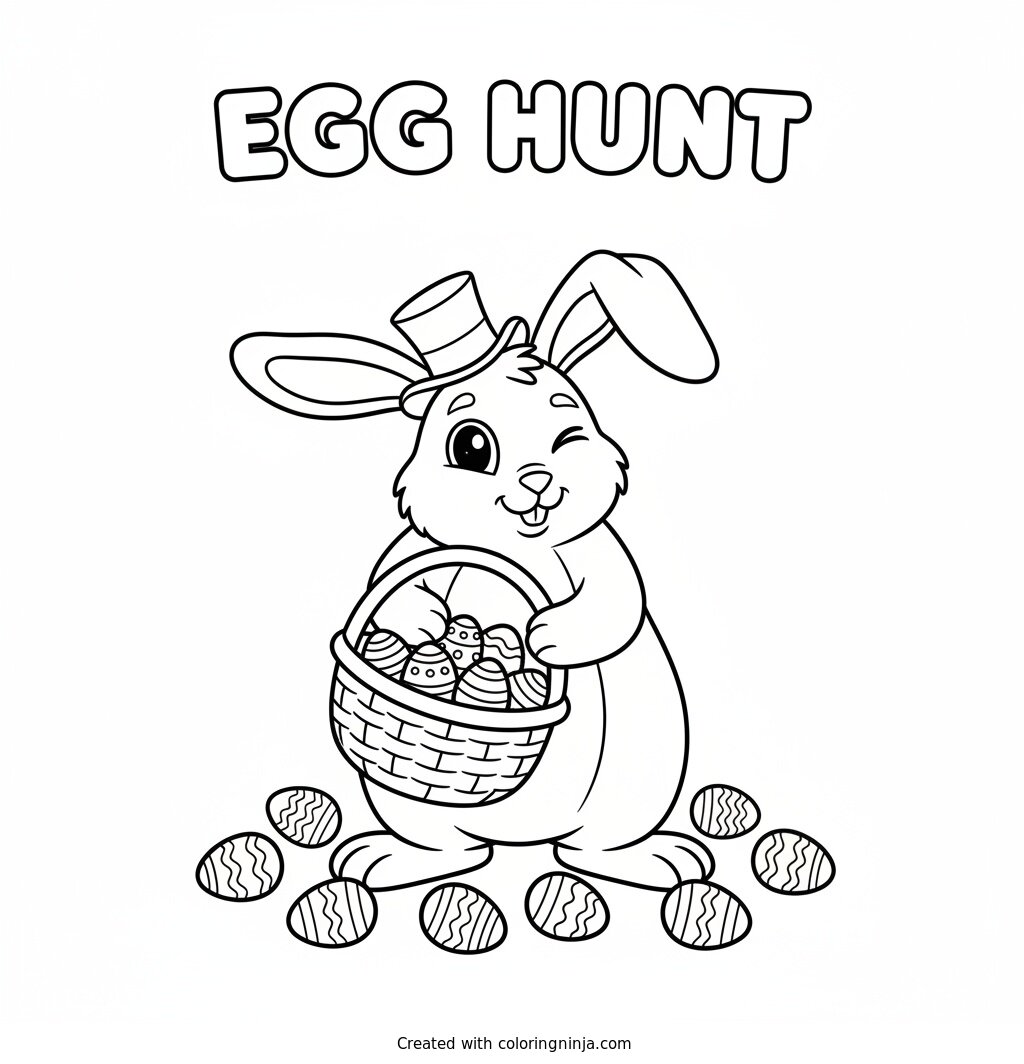 Coloring page of "EGG HUNT" poster with a funny rabbit
