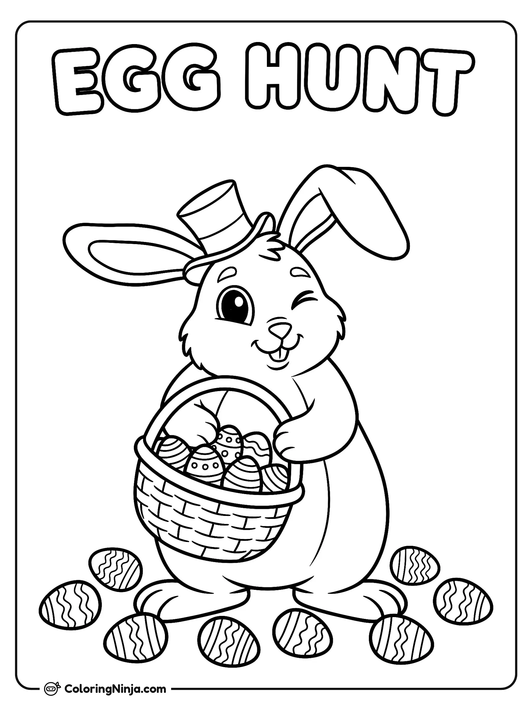 "EGG HUNT" Poster with a Funny Rabbit Coloring Page: A cheerful, winking rabbit wearing a small top hat holds a woven basket packed with decorated Easter eggs.