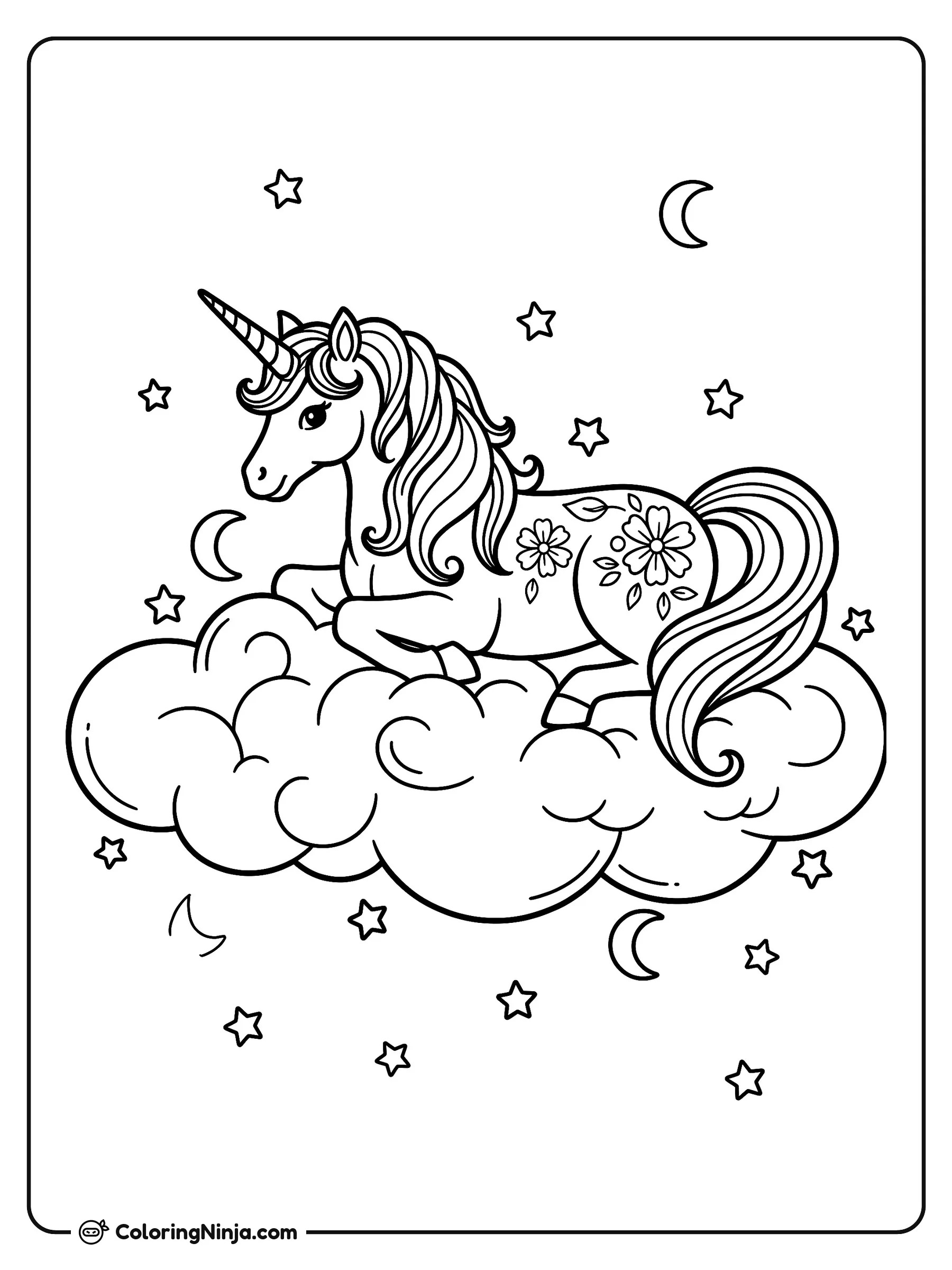 Unicornio mágico descansando en una nube, dibujo para colorear: Un unicornio mágico descansa tranquilamente sobre una gran nube esponjosa en medio de un cielo nocturno estrellado.
