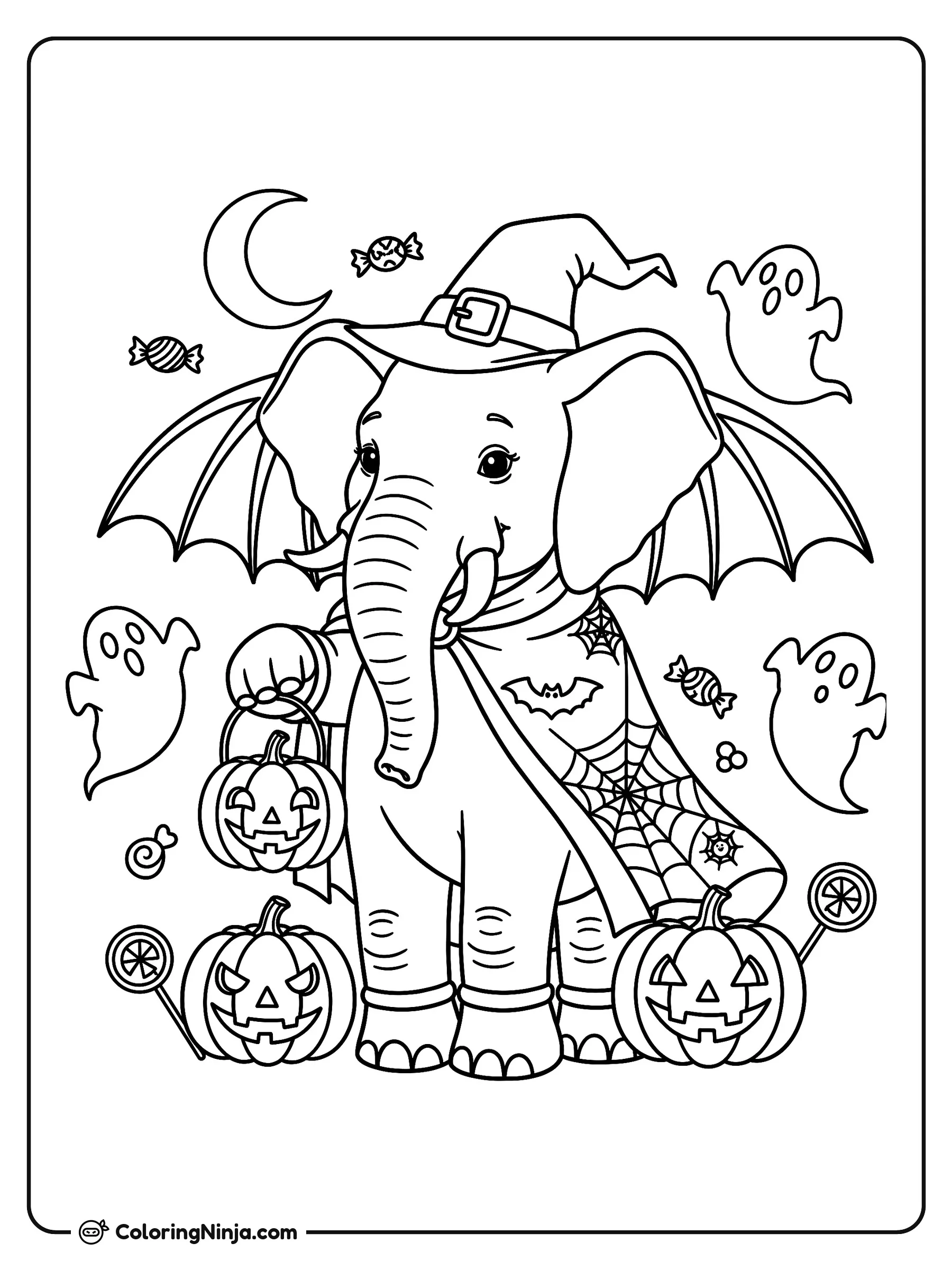 Lindo elefante disfrazado de Halloween, dibujo para colorear: Un adorable elefante disfrazado para Halloween lleva puesto un sombrero de bruja, alas de murciélago y una capa con telarañas mientras sostiene una cubeta de calabaza.