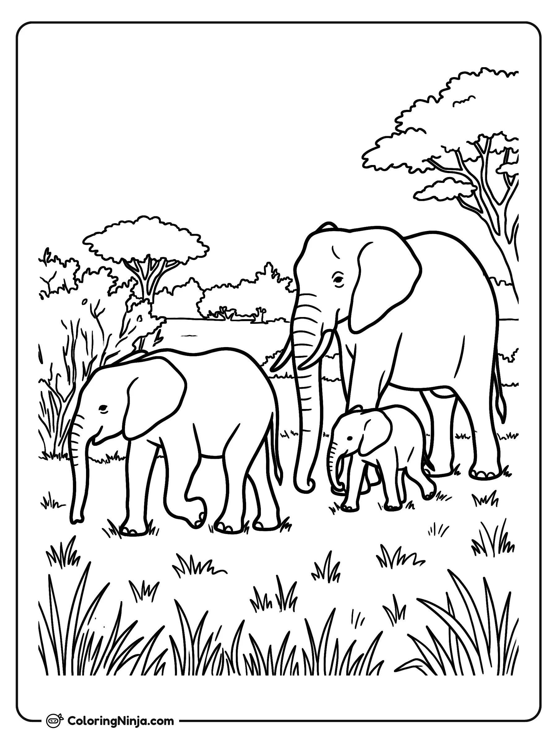 Familia de elefantes caminando en el campo, dibujo para colorear: Una familia de elefantes pasea junta por un lindo campo lleno de hierba, arbustos y acacias. Un gran elefante adulto avanza al lado de dos elefantes más pequeños en un paisaje al aire libre.