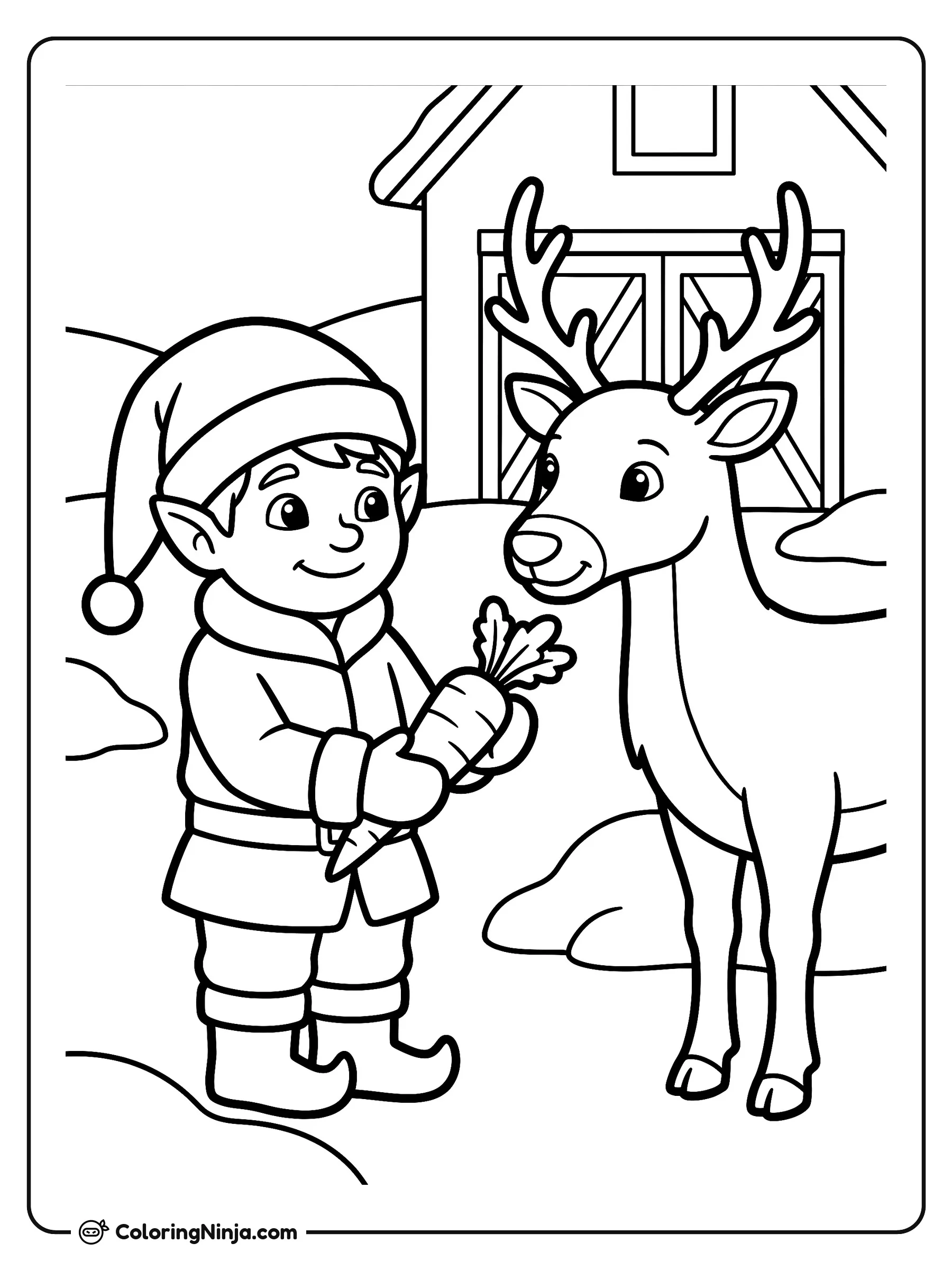 Feeding Carrot to the Reindeer Coloring Page: An elf in a warm tunic holds out a single carrot toward a smiling reindeer in an outdoor yard. The reindeer has tall antlers and a harness adorned with small round bells.