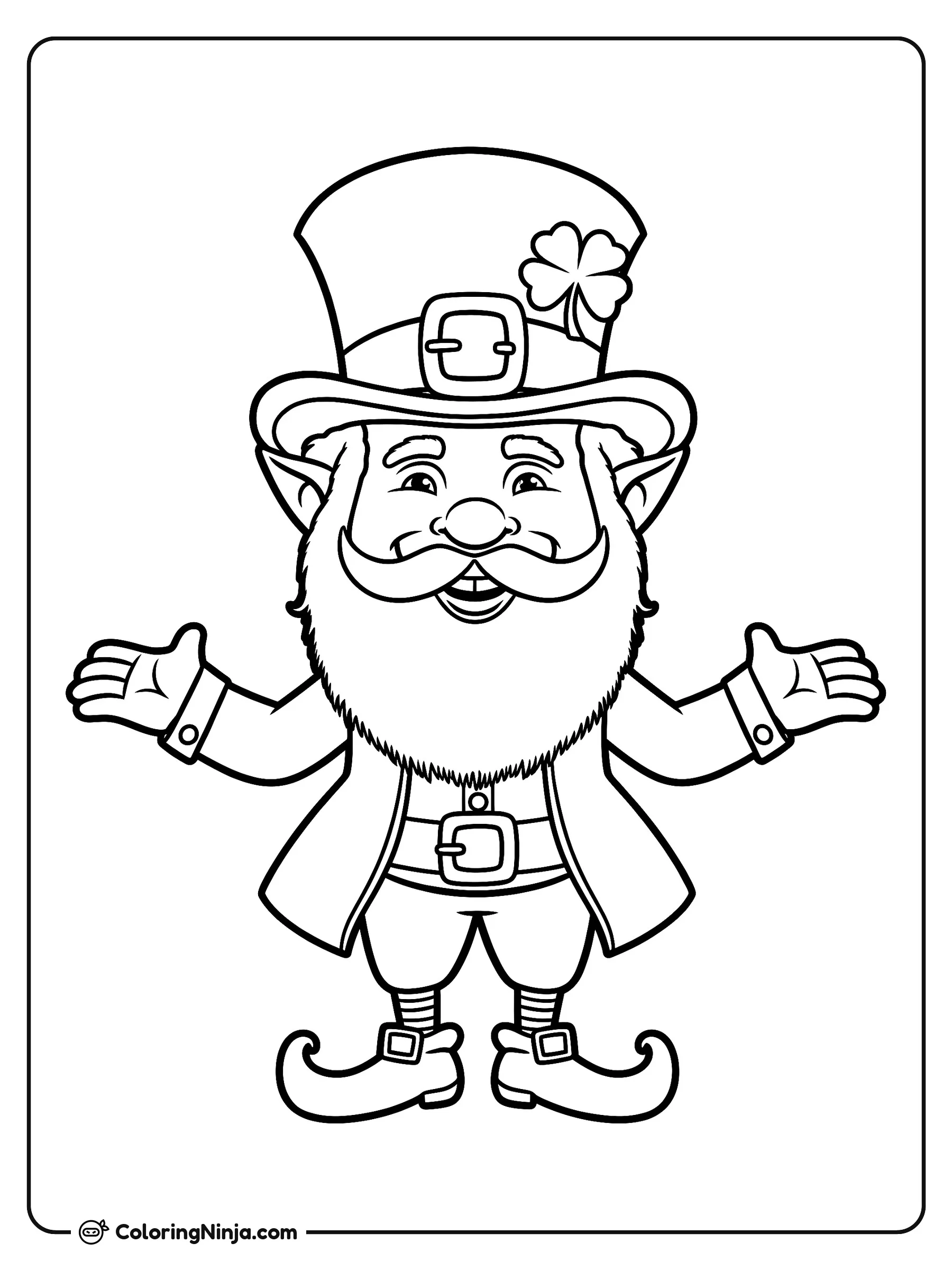Duende alegre para el Día de San Patricio, dibujo para colorear: Un duende alegre espera sonriente con los brazos abiertos para celebrar el Día de San Patricio.