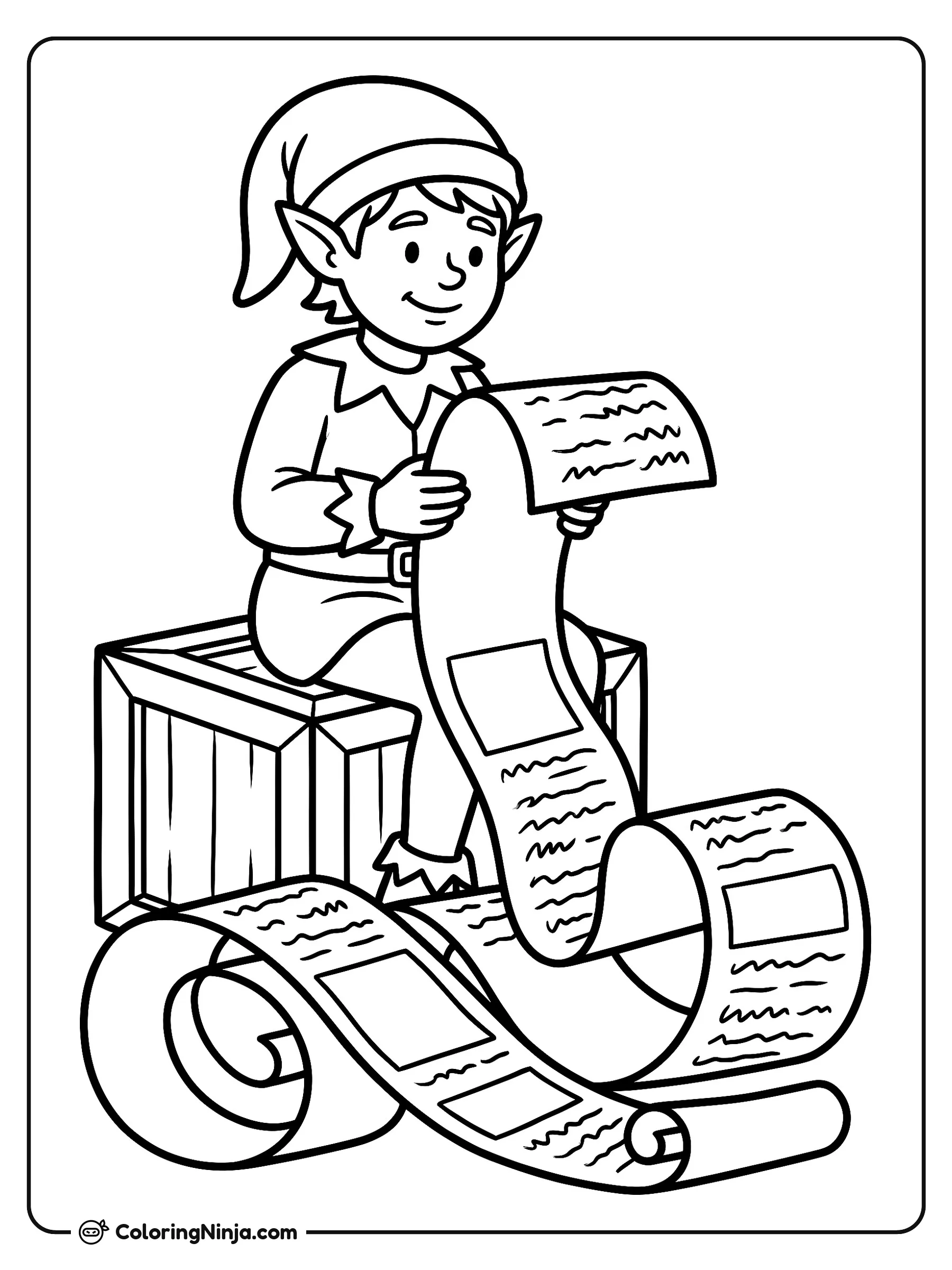 Elf Checking the Long List Coloring Page: An elf perches on a square wooden crate while holding a long paper scroll that curves down to the ground. Small pencil marks and tiny stars are drawn along the length of the paper.
