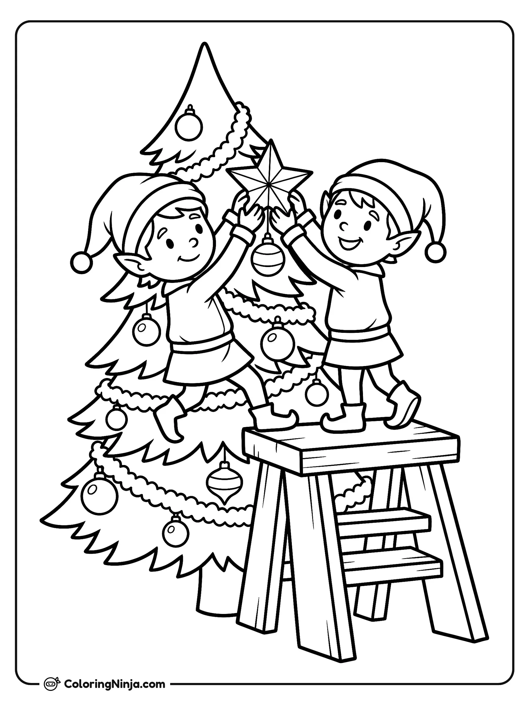 Placing Star on the Tree Coloring Page: An elf carefully balances on a small two-step wooden stool to reach the top branch of a pine tree. The elf holds a large five-pointed star up to the treetop while round baubles hang below.
