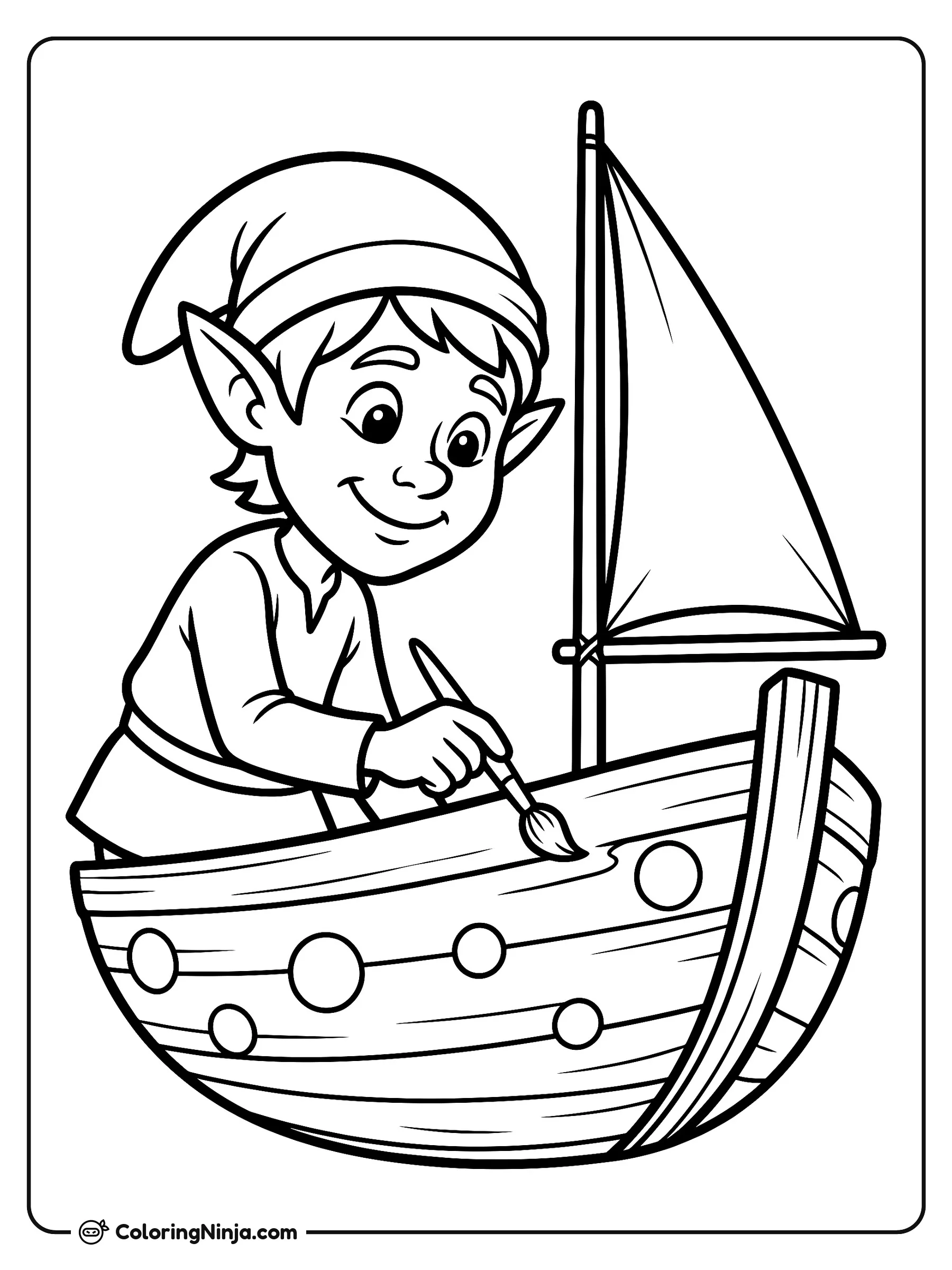 Elf Painting a Toy Sailboat Coloring Page: An elf sits at a small table holding a thin paint brush against the side of a wooden sailboat. Two jars of paint and a water cup sit on the surface next to the boat.