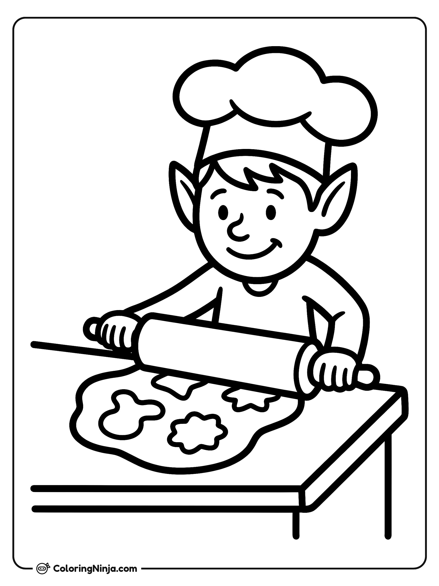 Elf Rolling Out Cookie Dough Coloring Page