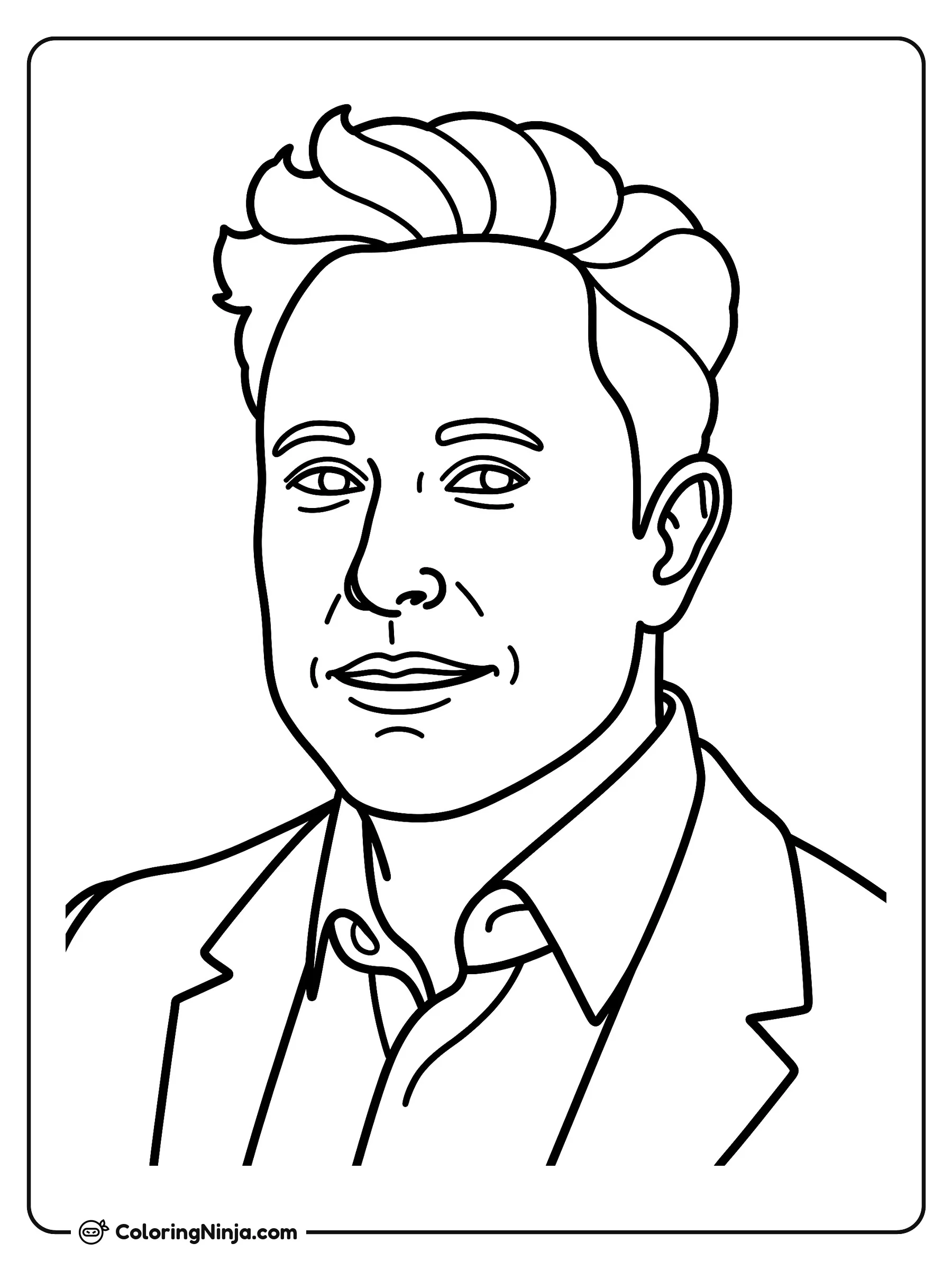Retrato en primer plano de Elon Musk, dibujo para colorear: Un retrato en primer plano muestra a Elon Musk usando una camisa de cuello y un saco con una ligera sonrisa. Sus facciones y su peinado destacan claramente sobre un fondo despejado.