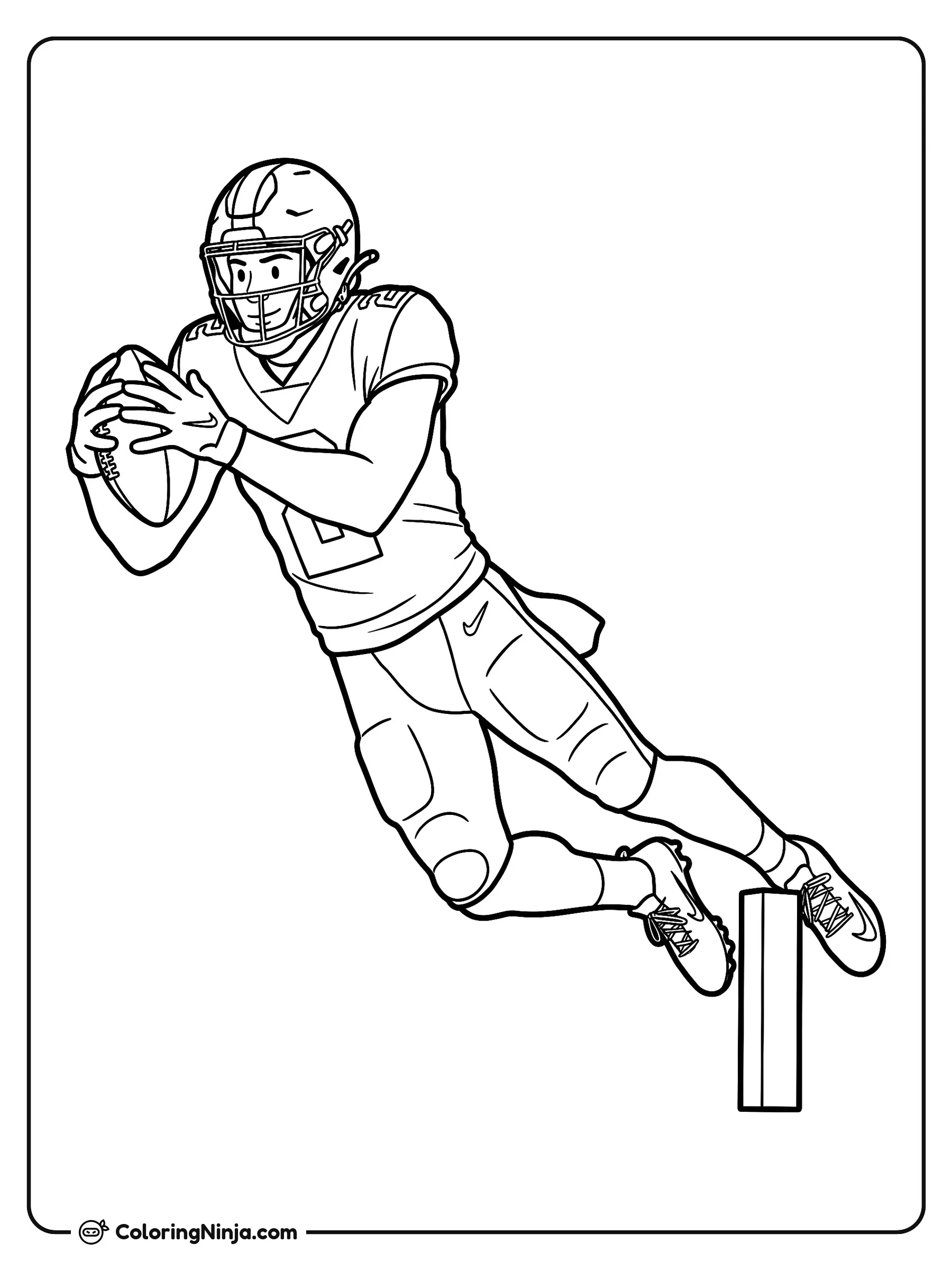 Anotación de touchdown de Emeka Egbuka, dibujo para colorear: El jugador de fútbol americano Emeka Egbuka salta por el aire para asegurar un touchdown cerca de la zona de anotación.