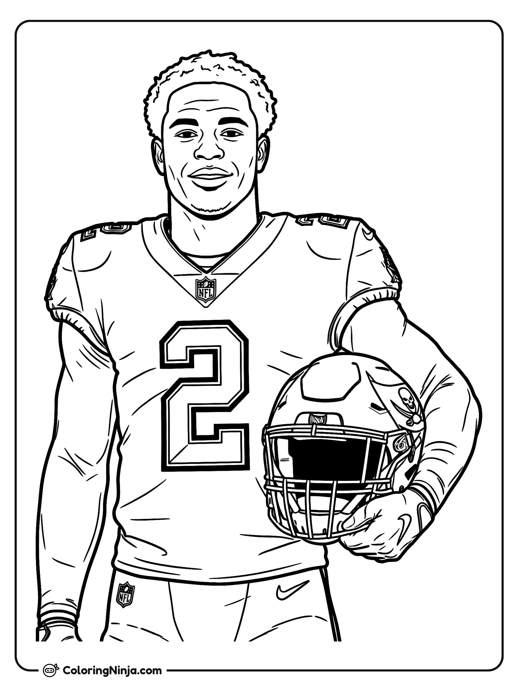 Retrato del jugador Emeka Egbuka, dibujo para colorear: El jugador de fútbol americano Emeka Egbuka posa sonriente con el casco bajo el brazo y vistiendo su uniforme con el número dos.
