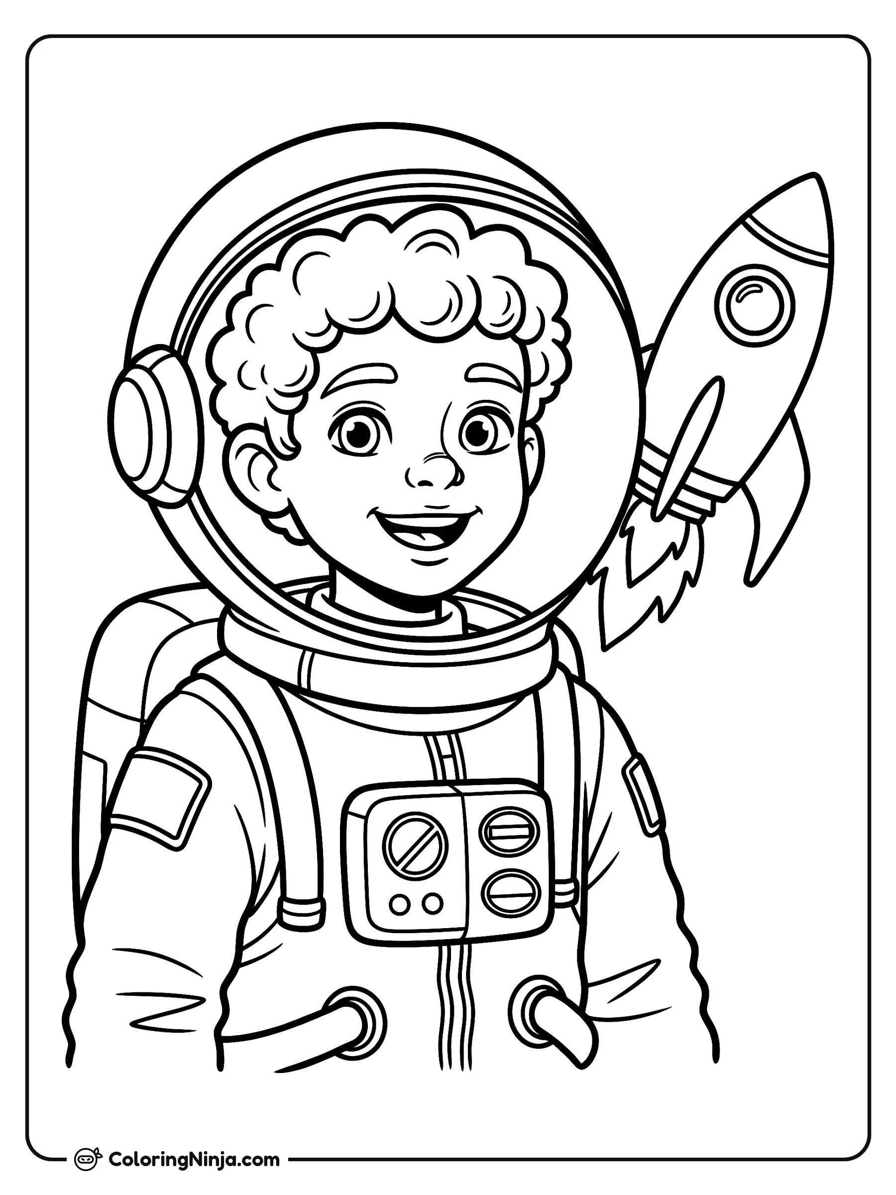 Emmet Johnson el niño astronauta, dibujo para colorear: Emmet Johnson viste un traje espacial detallado con un casco transparente, mochila y un panel de control en el pecho mientras sonríe alegremente.