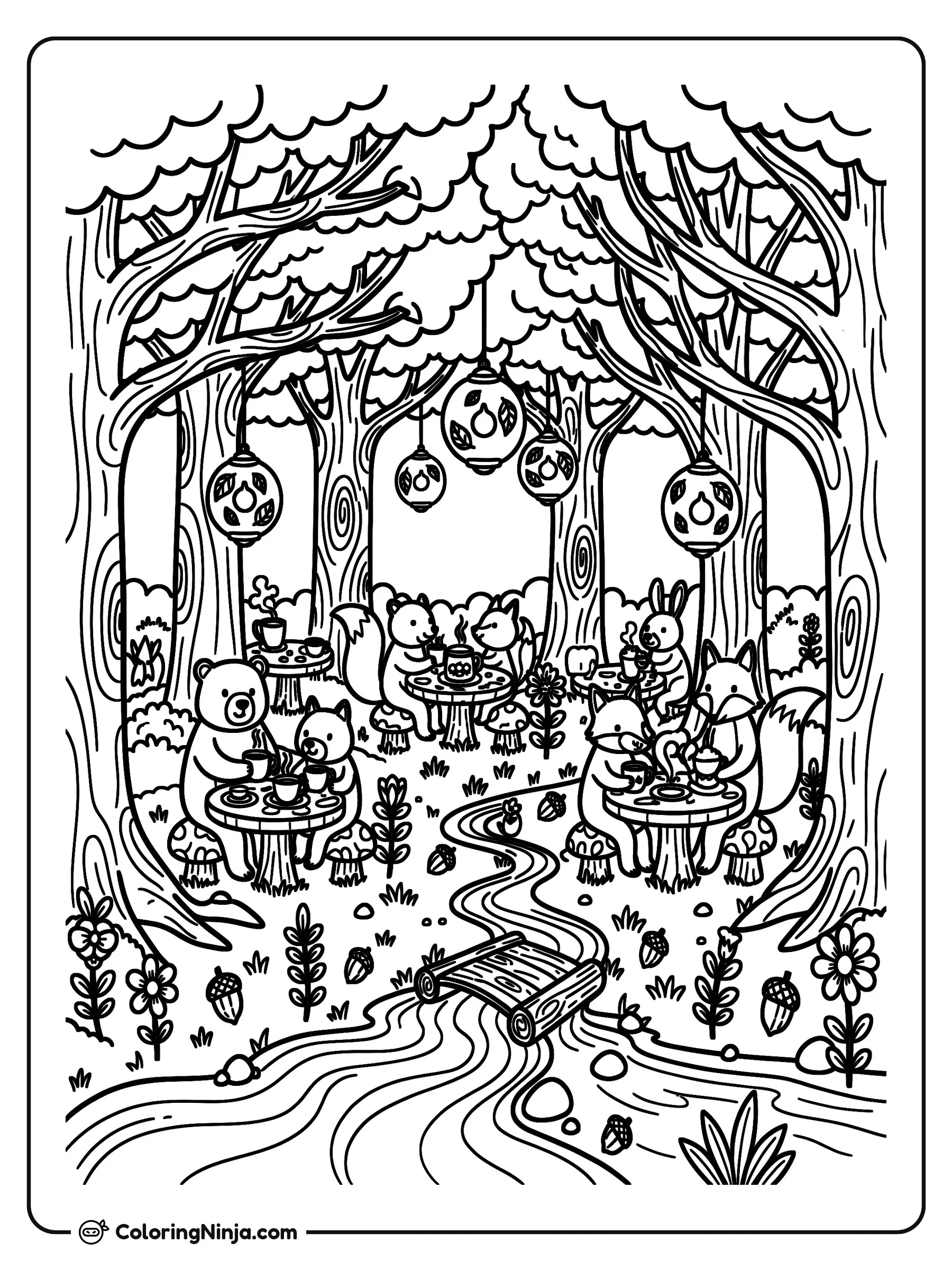 Café del Bosque Encantado, dibujo para colorear: Amigables animales del bosque disfrutan de bebidas calientes en pequeñas mesas con forma de hongo dentro de una cafetería mágica.