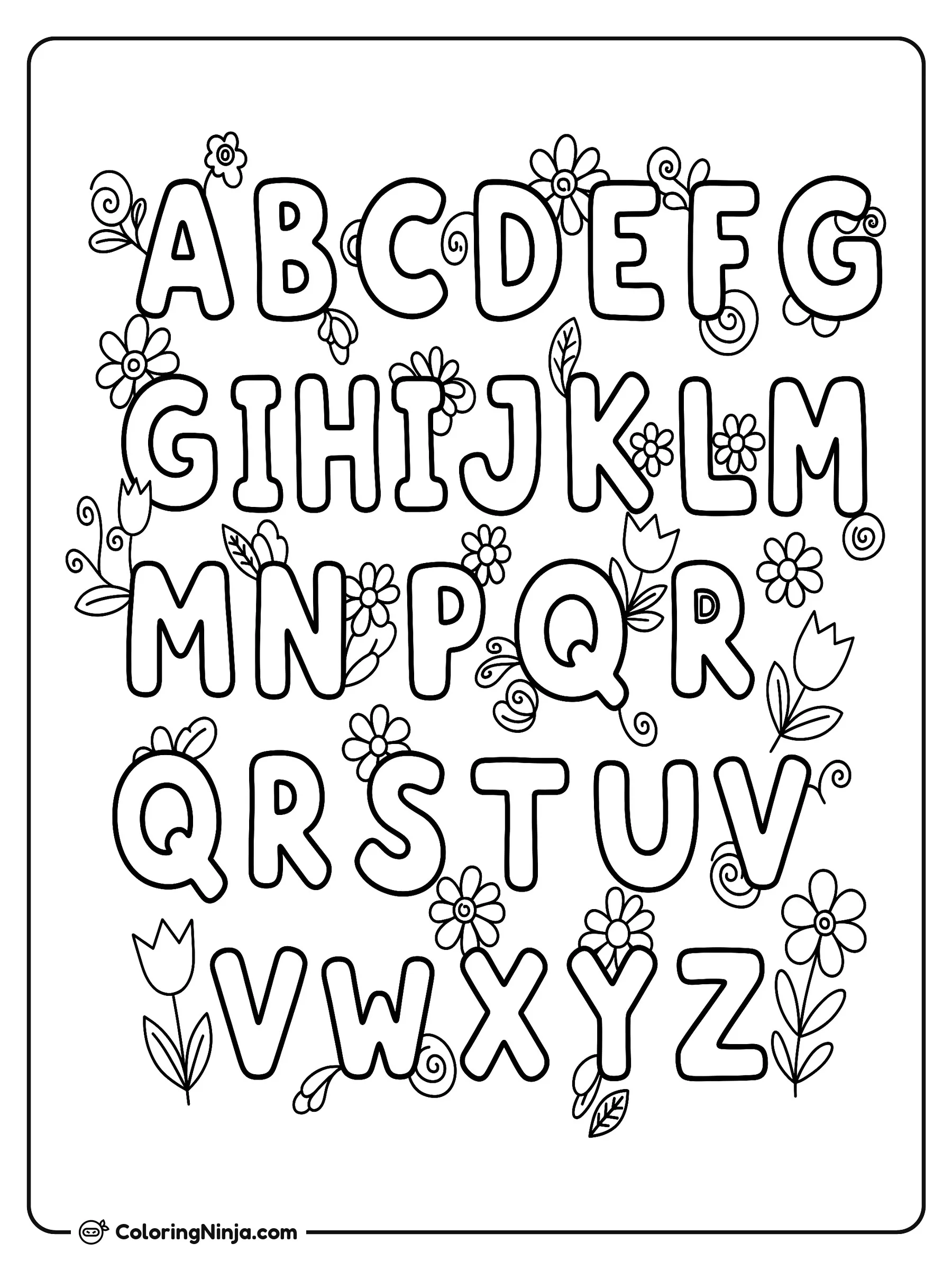 Abecedario Completo Rodeado de Flores, dibujo para colorear: El abecedario completo se presenta en letras mayúsculas dispuestas en varias filas de la A a la Z. Alrededor de las letras hay pequeñas flores, tulipanes, hojas y espirales decorativas.