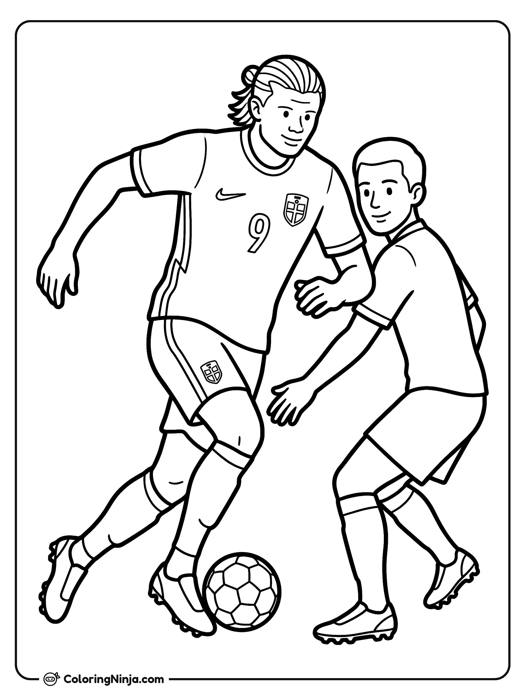 Erling Haaland Dribbling the Ball Coloring Page