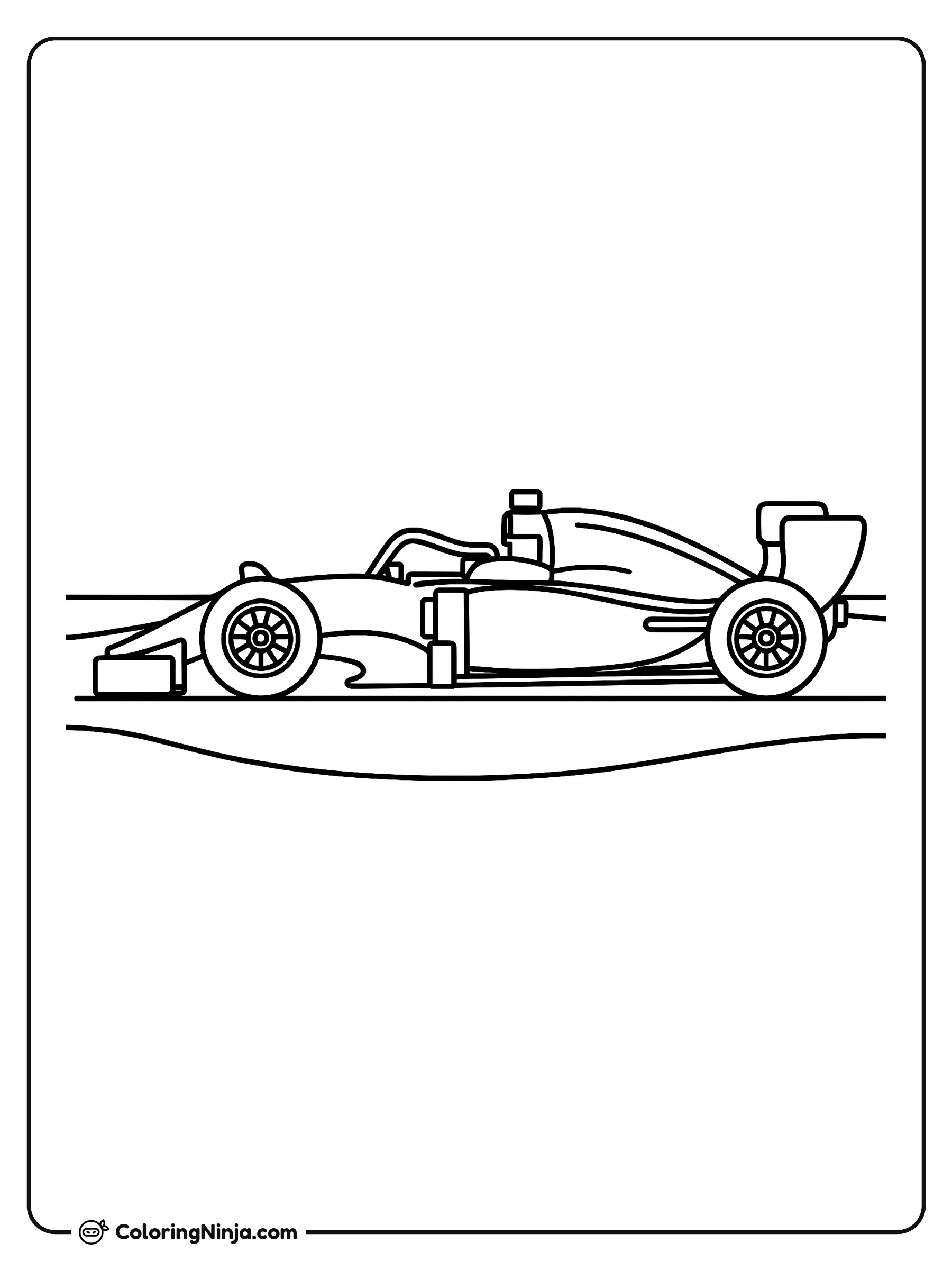 Un auto de carreras de Fórmula 1, dibujo para colorear: Un auto de carreras de Fórmula 1 espera listo sobre una pista plana, visto desde un costado.