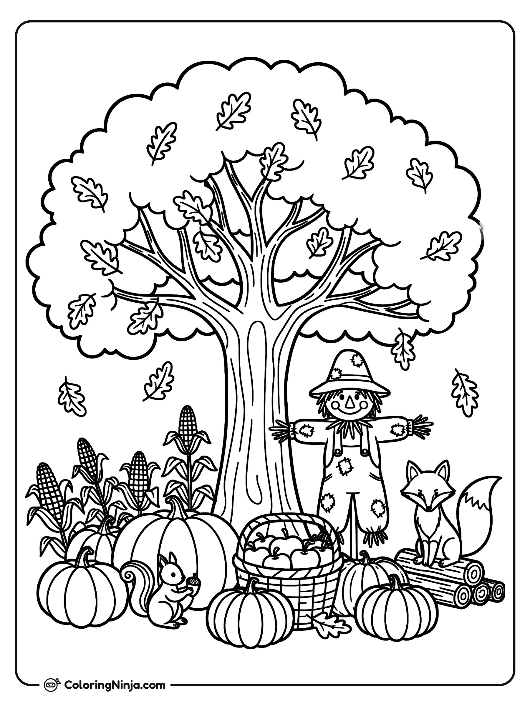 Espantapájaros y Cosecha de Otoño: dibujo para colorear