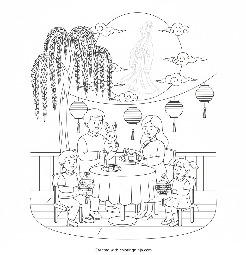 Family Celebrating Mid-Autumn Festival Coloring Page