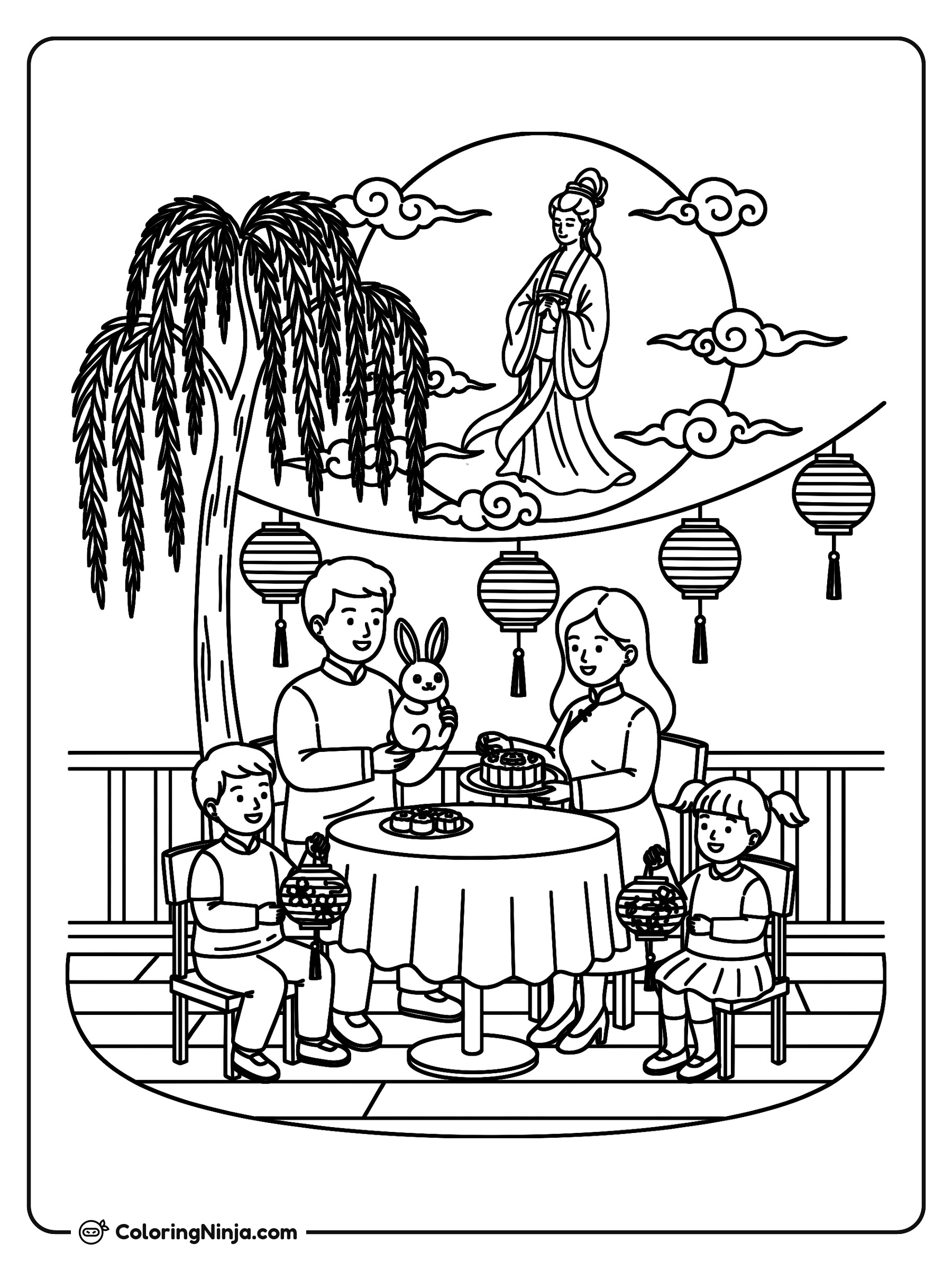 Familia celebrando el Festival del Medio Otoño: dibujo para colorear