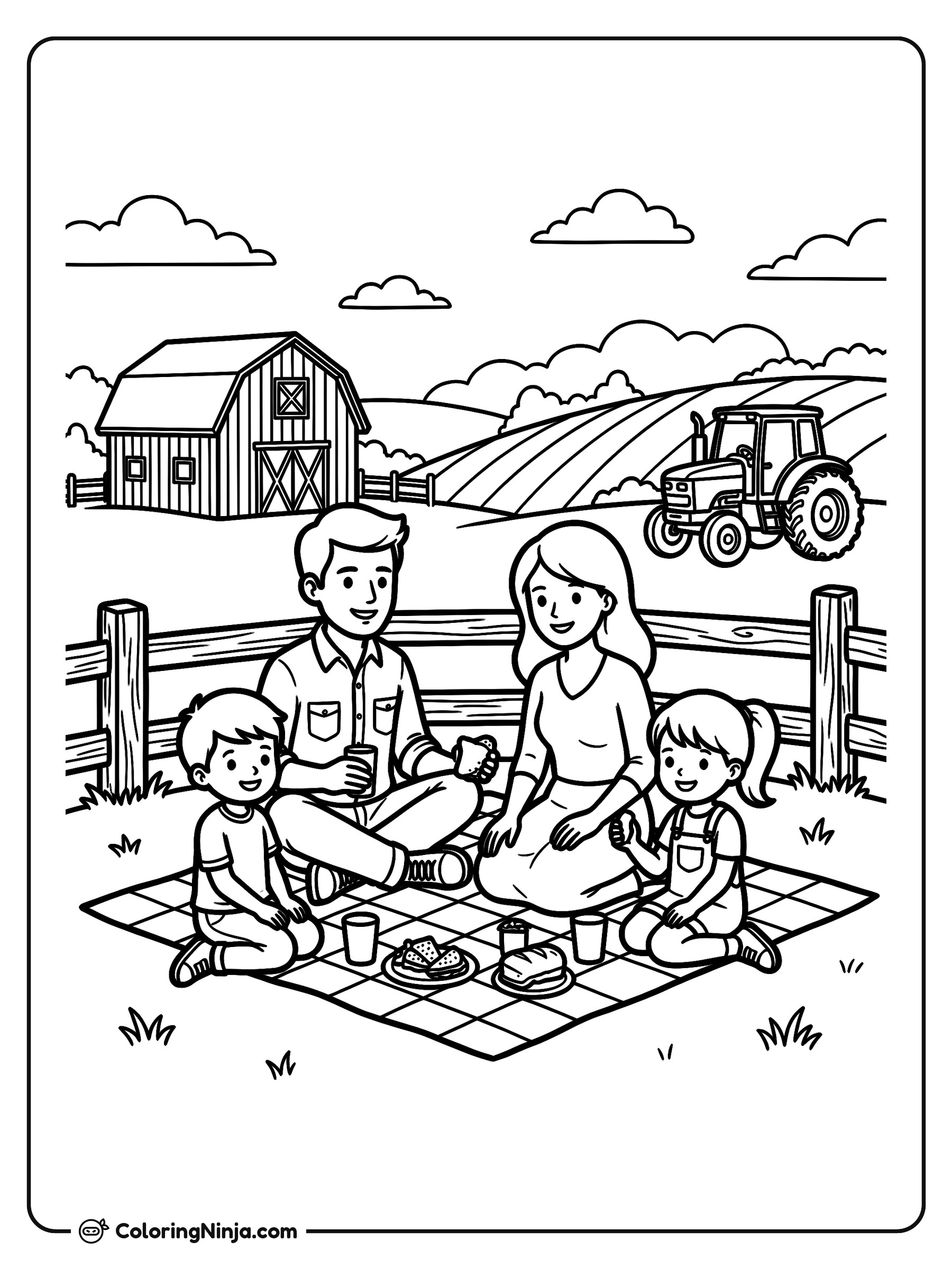Día de picnic familiar en el campo: dibujo para colorear