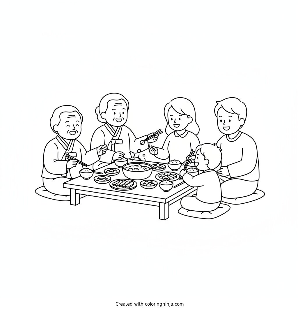 A coloring page of A family gathered around a low table enjoying a traditional Korean meal (like kimchi, rice, and bulgogi). Description: “In Korea, family meals are a cherished time to connect. Elders are deeply respected, and traditions are passed down through shared stories and food.”
