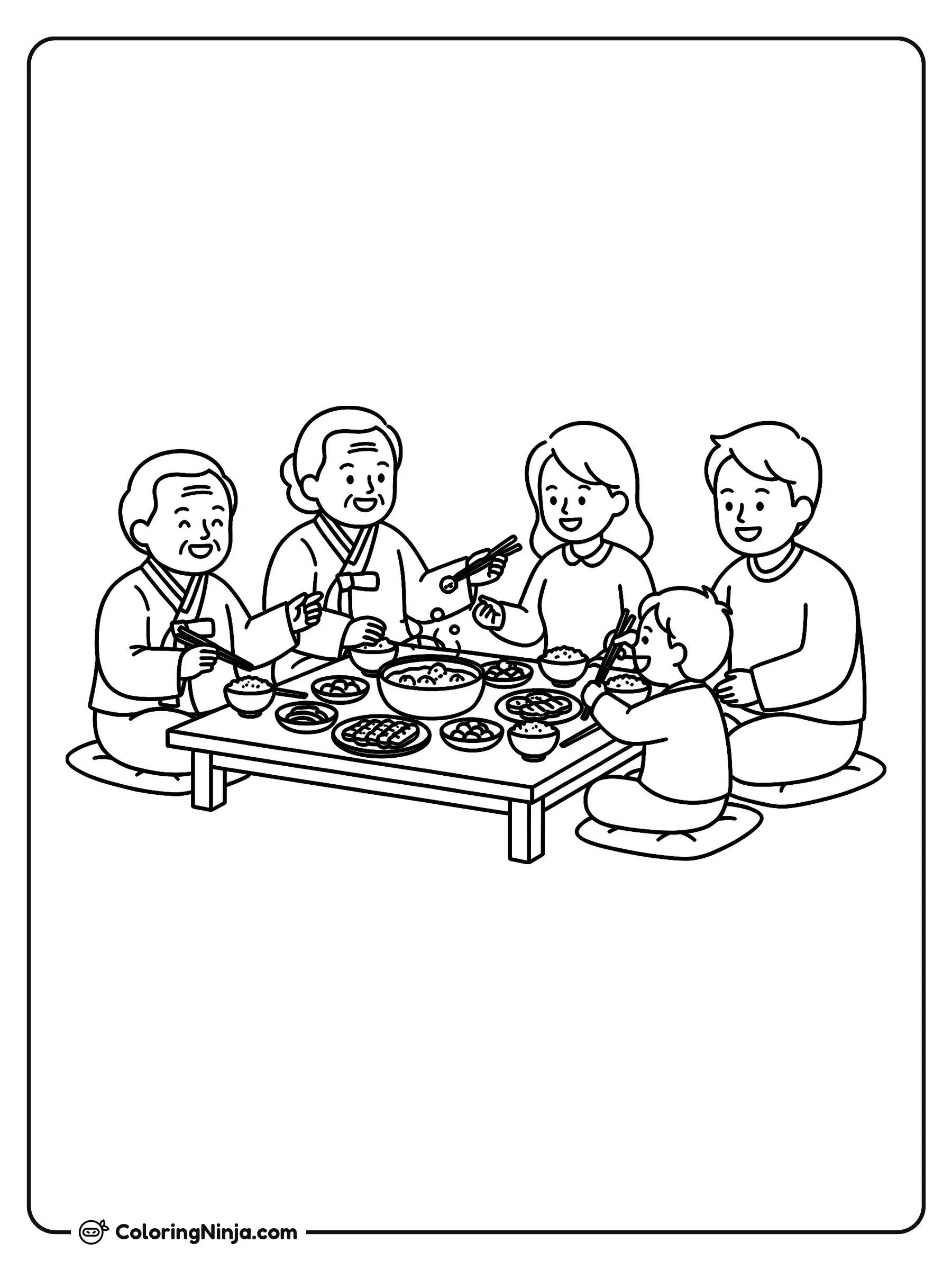Cena Familiar Coreana en la Mesa, dibujo para colorear: Una familia coreana se reúne sobre cojines alrededor de una mesa baja para disfrutar de una deliciosa comida.