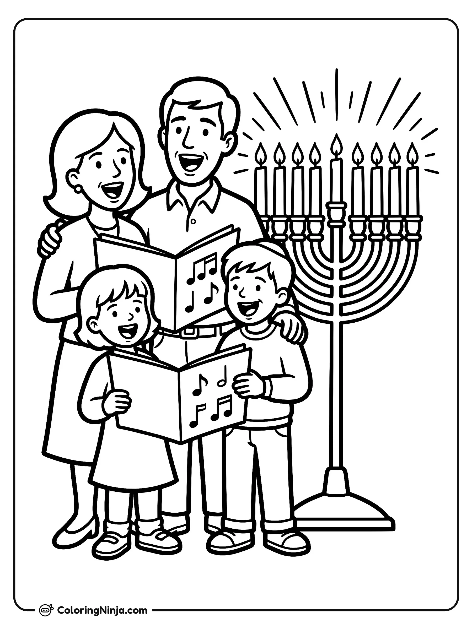 Family Singing Hanukkah Songs Coloring Page: A mother, father, and child stand together holding an open songbook while facing a lit hanukkiah on a side table. Clear details offer a lovely coloring experience for ages 6 to 10.