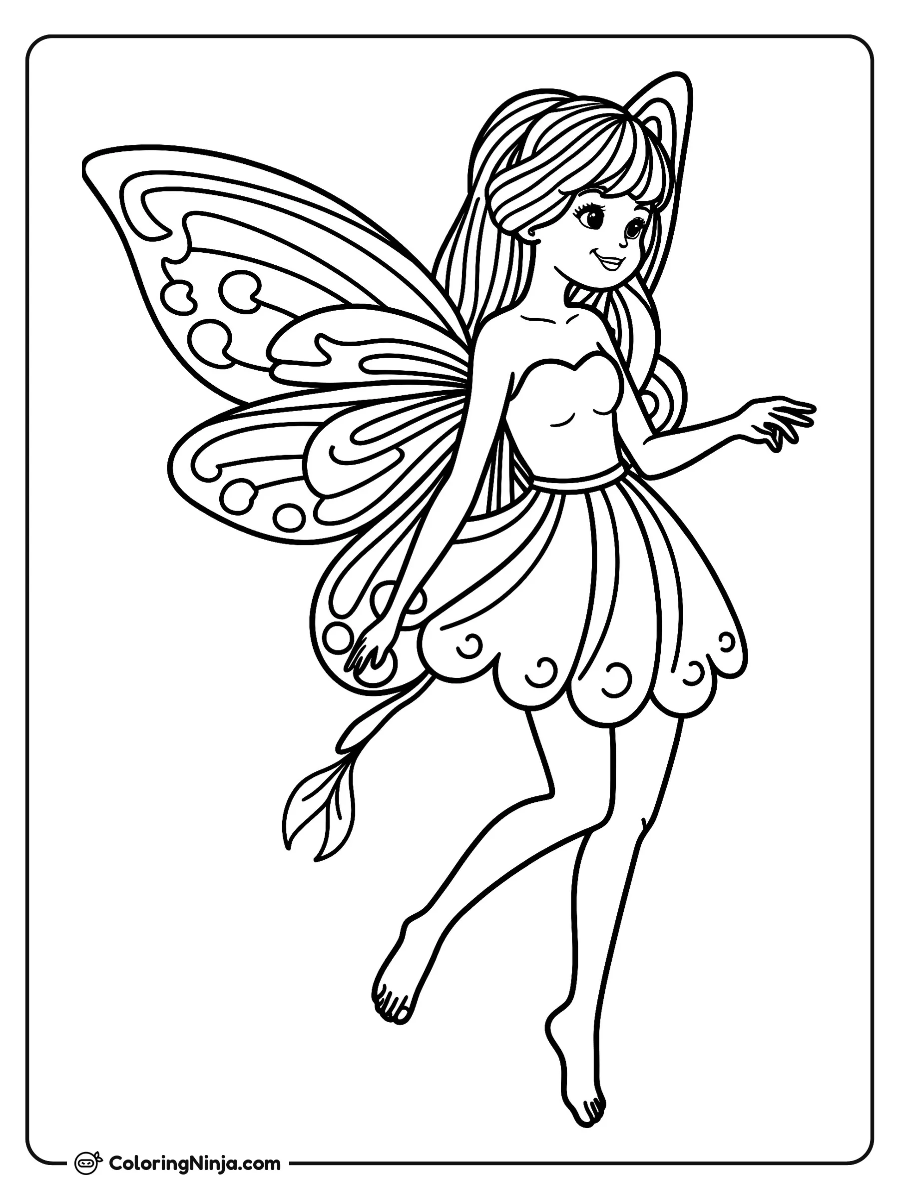 Hada de fantasía con grandes alas, dibujo para colorear: Una elegante hada de fantasía flota en el aire vistiendo un vestido sin tirantes con orla festoneada. Sus grandes alas desplegadas y su largo cabello le dan un toque mágico a la escena.