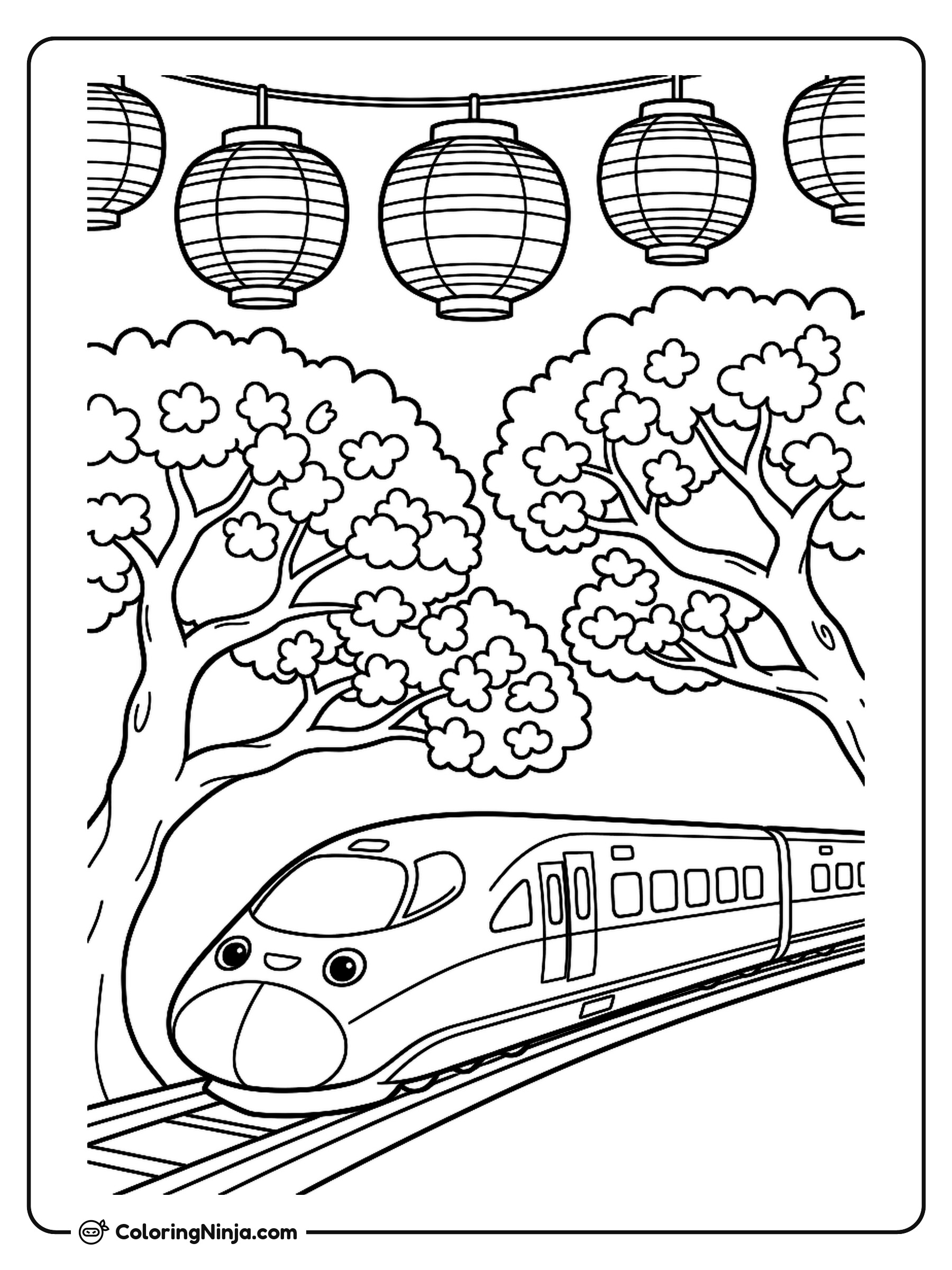 Japanese Lanterns Cherry Blossoms Futuristic Train Coloring Page