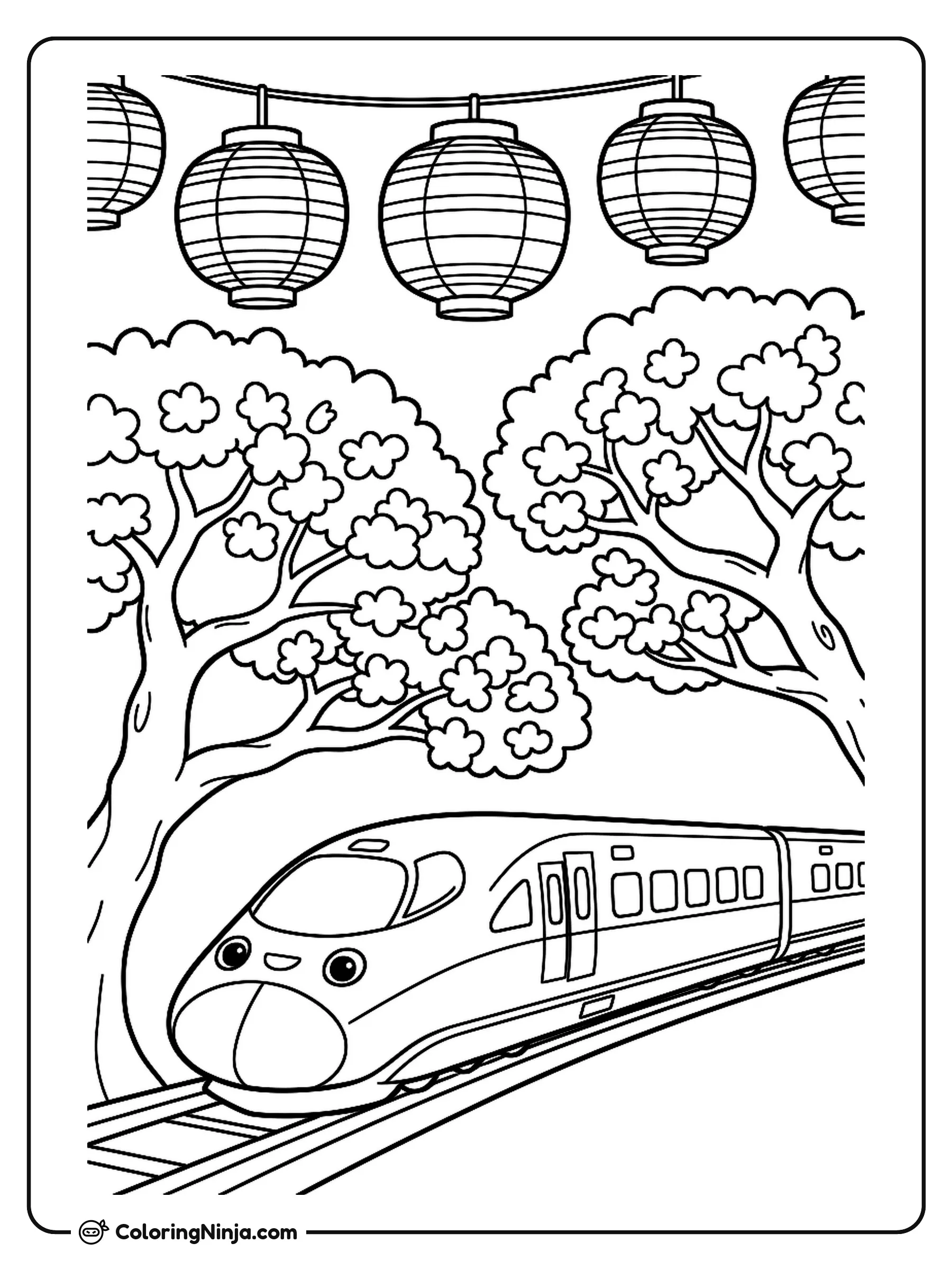 Japanese Lanterns Cherry Blossoms Futuristic Train Coloring Page: This page features a sleek futuristic train traveling past delicate Japanese cherry blossom trees.