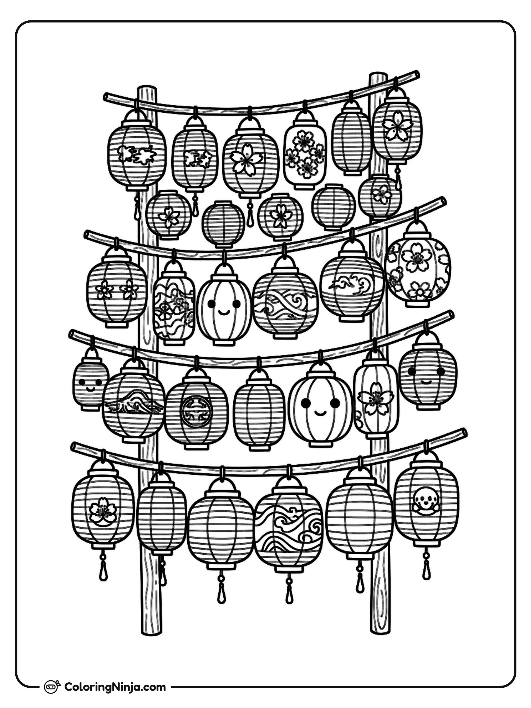 Farolillos japoneses de papel en hilera: dibujo para colorear