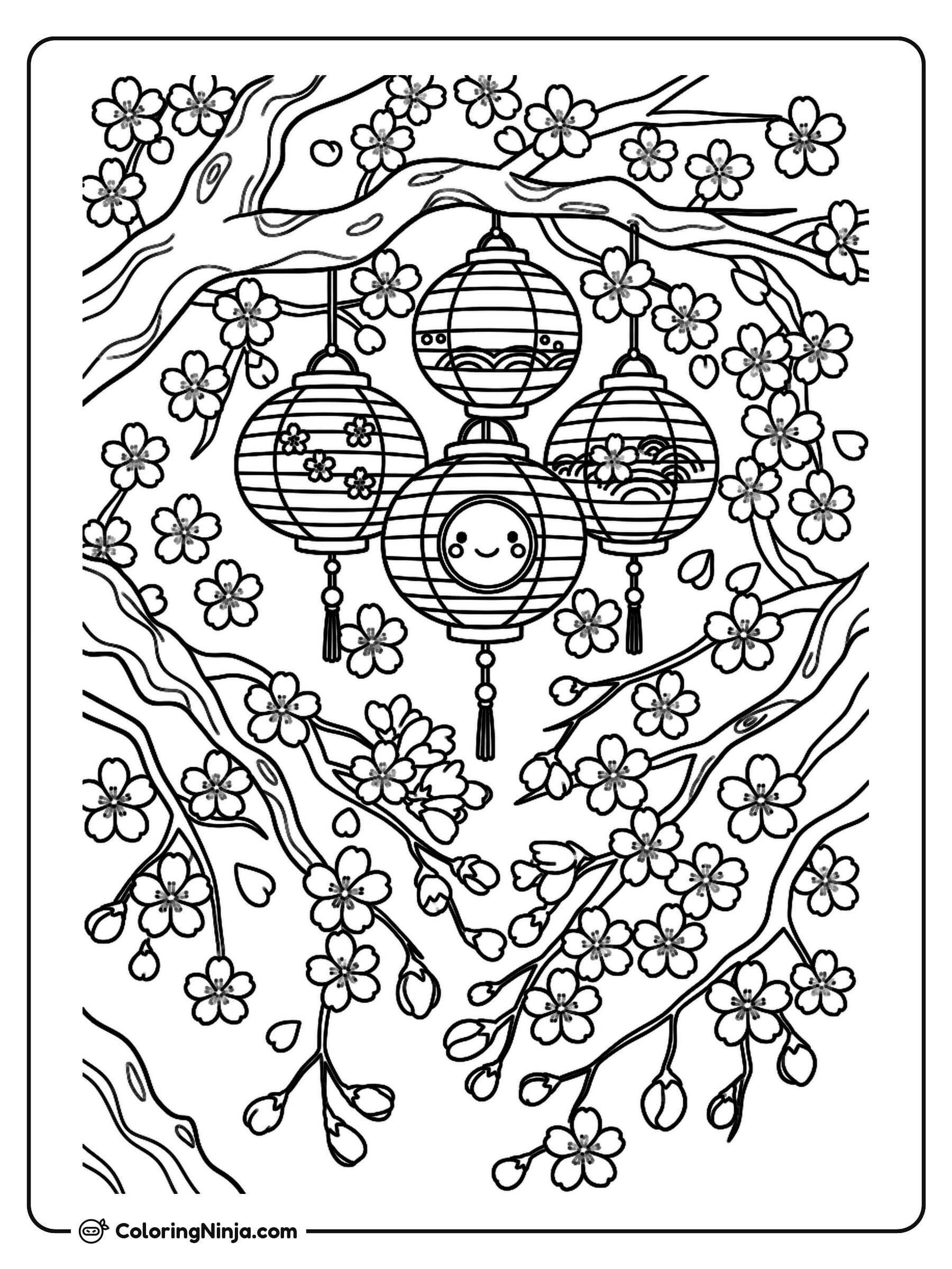 Japanese Lanterns and Cherry Blossoms Coloring Page