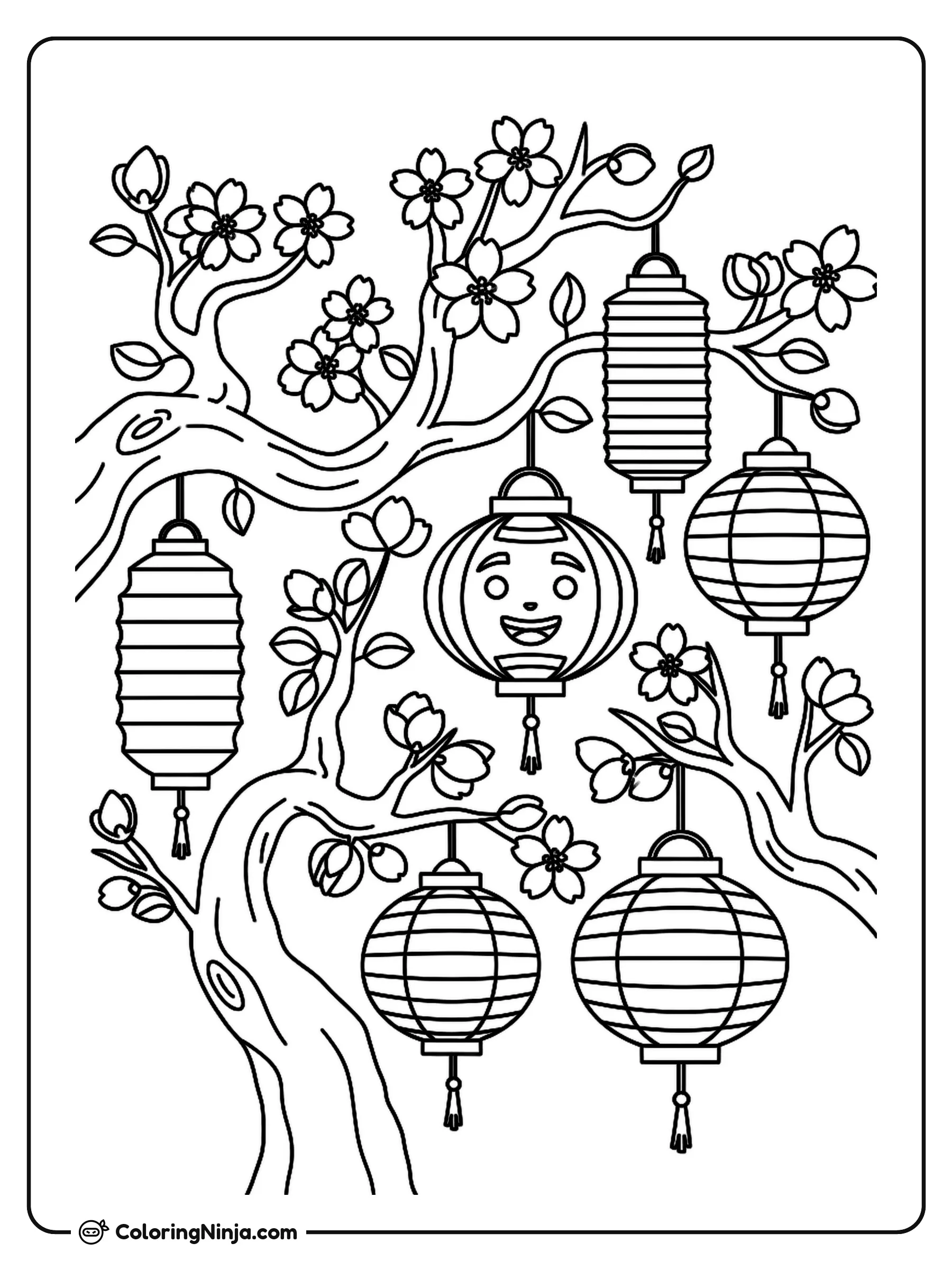 Japanese Lanterns and Cherry Blossoms Coloring Page: This scene features traditional Japanese lanterns hanging among delicate cherry blossom branches. The flowering cherry trees surround the glowing lanterns in a peaceful outdoor setting.