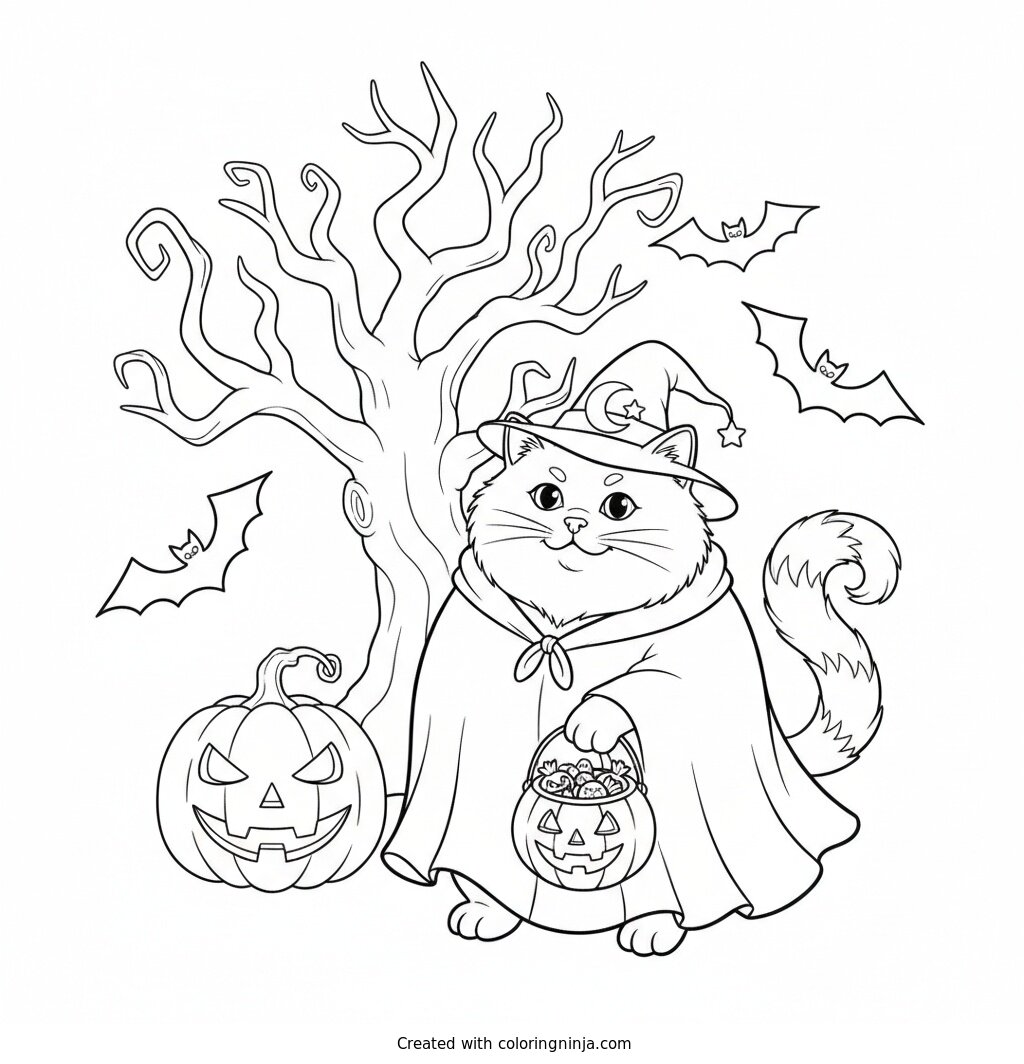 Fat Cat in Halloween Costume Coloring Page